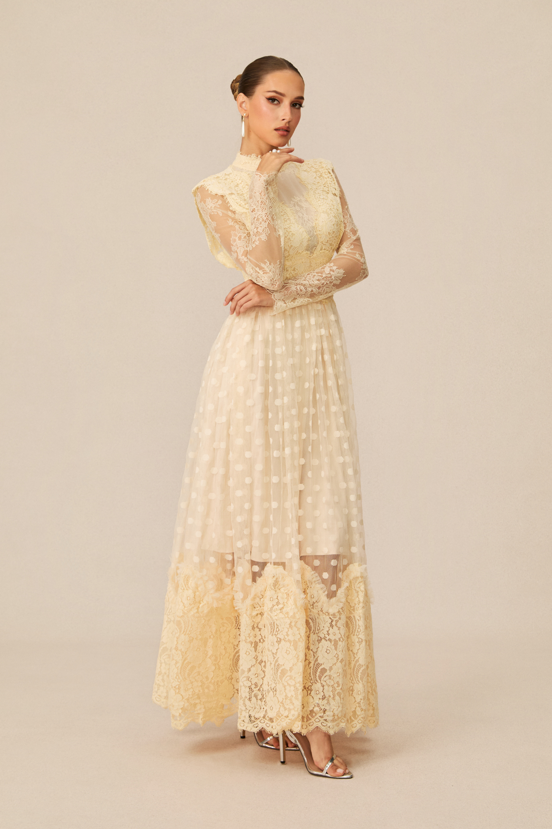 Monica Lace Embroidered Polka Dot Maxi Dress