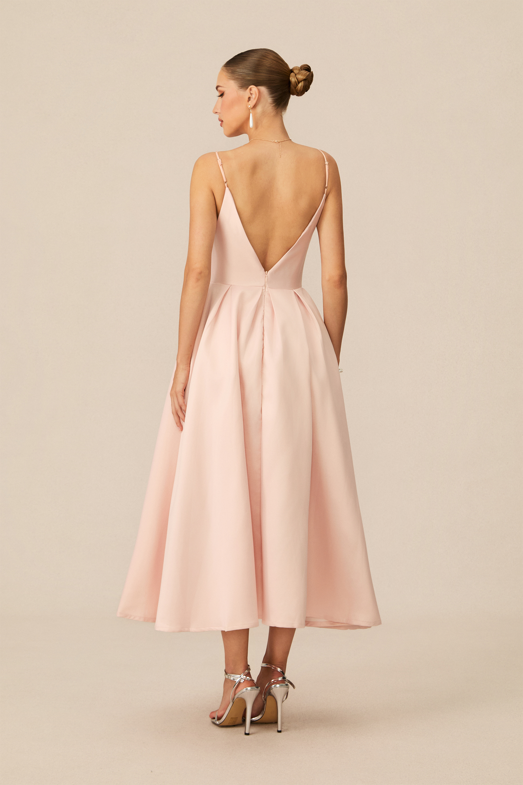 Enchant My Love Pink V-Neck Spaghetti Straps Midi Dress
