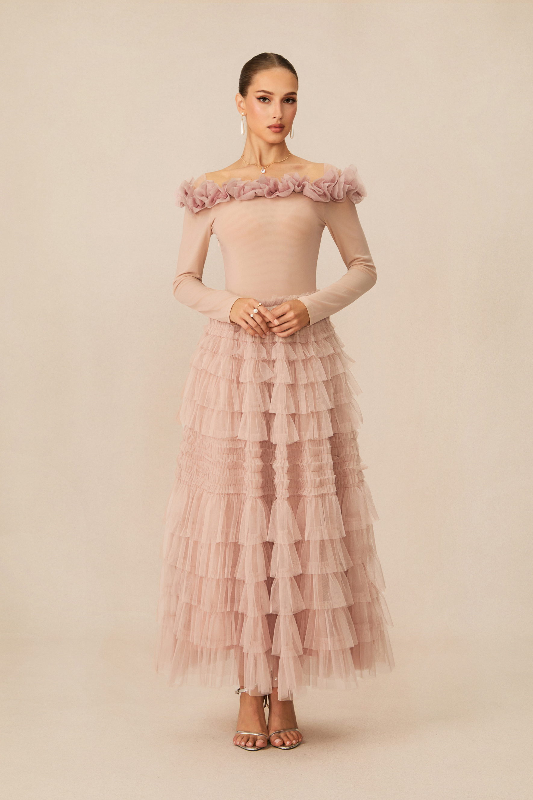 Jenna Off Shoulder Tiered Ruffle Tulle Maxi Dress