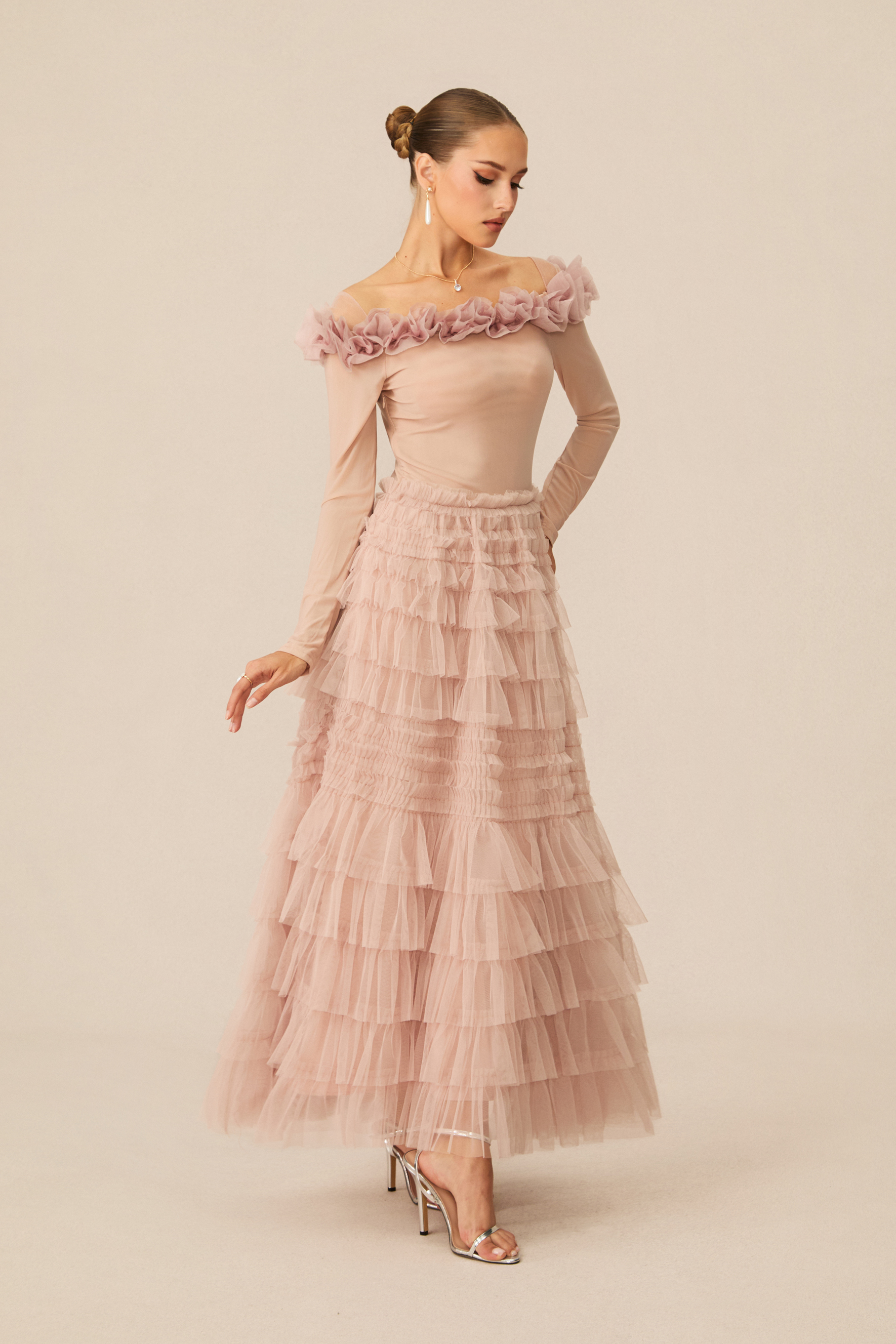 Jenna Off Shoulder Tiered Ruffle Tulle Maxi Dress