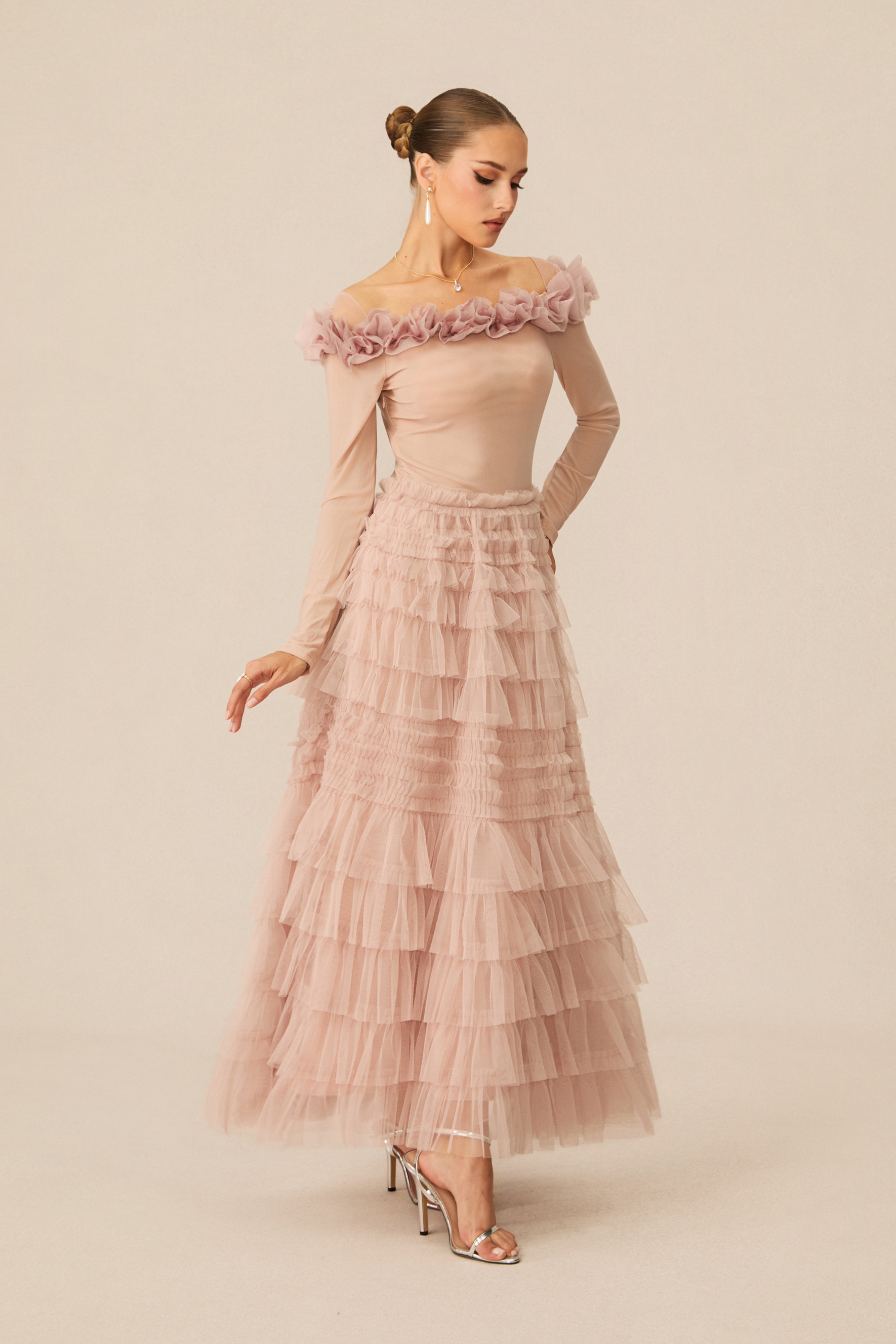 Jenna Off Shoulder Tiered Ruffle Tulle Maxi Dress