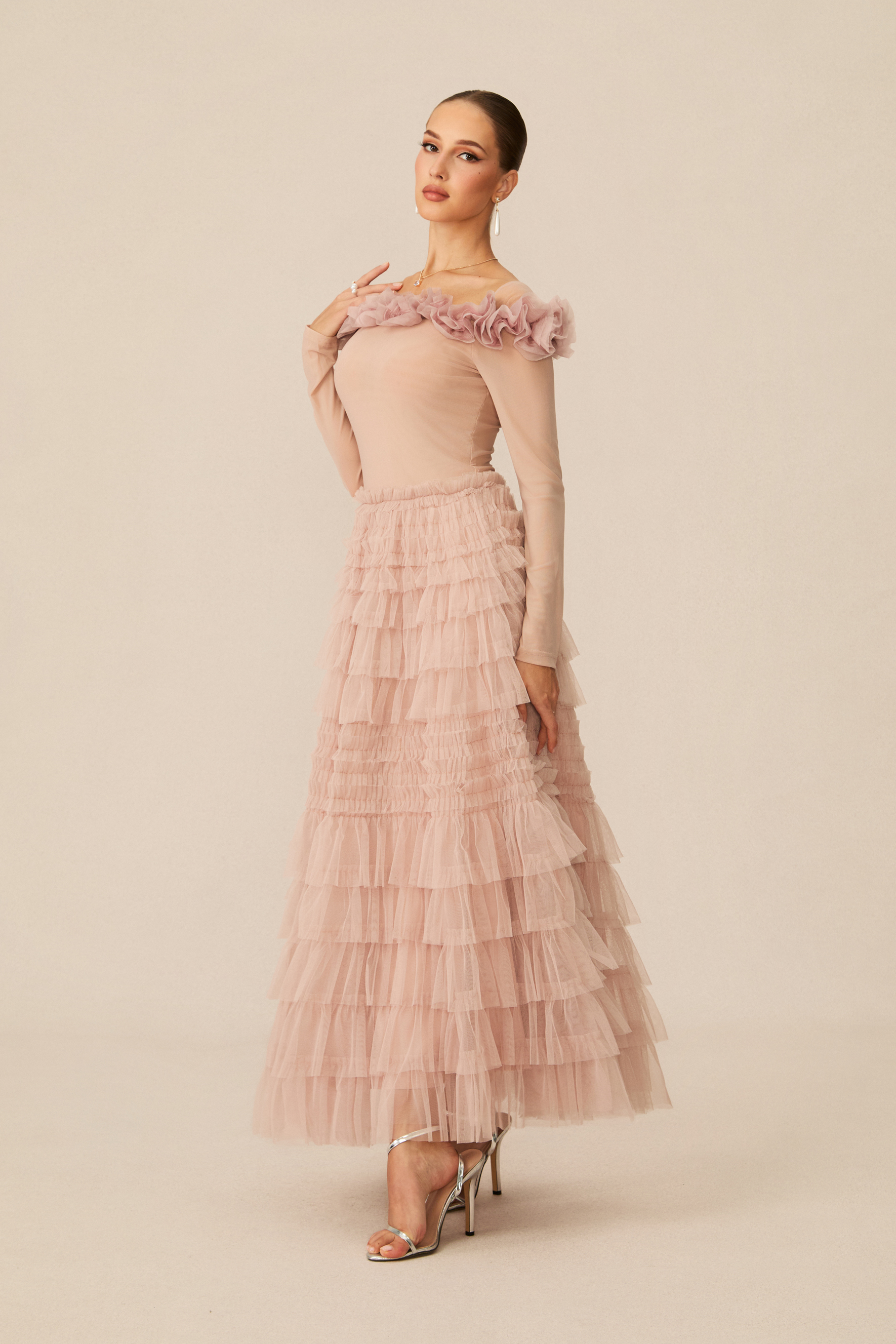Jenna Off Shoulder Tiered Ruffle Tulle Maxi Dress