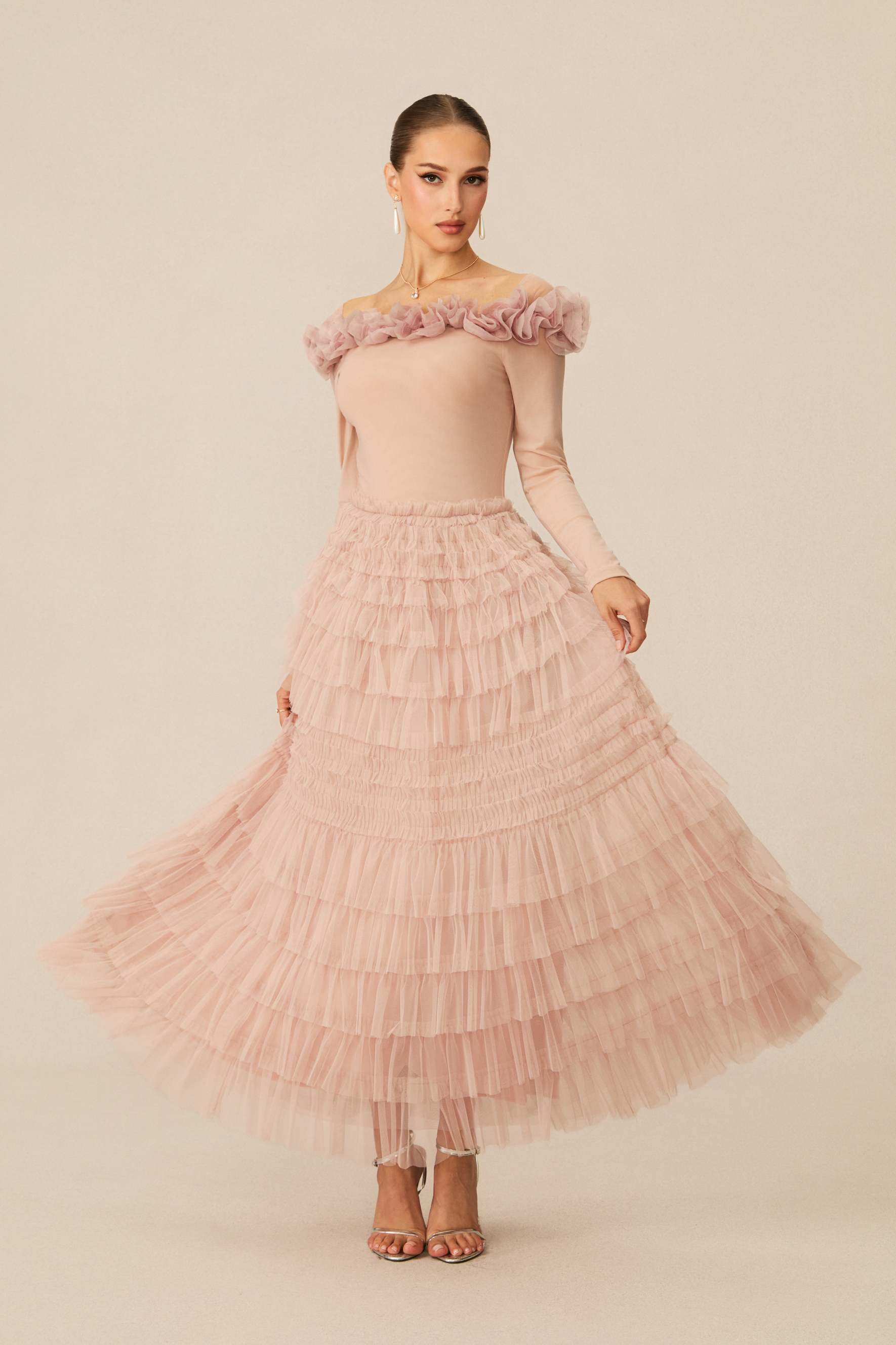 Jenna Off Shoulder Tiered Ruffle Tulle Maxi Dress
