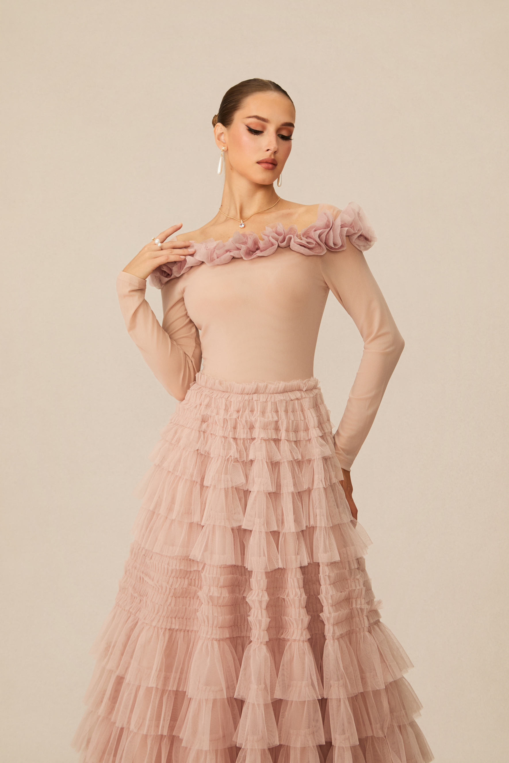 Jenna Off Shoulder Tiered Ruffle Tulle Maxi Dress