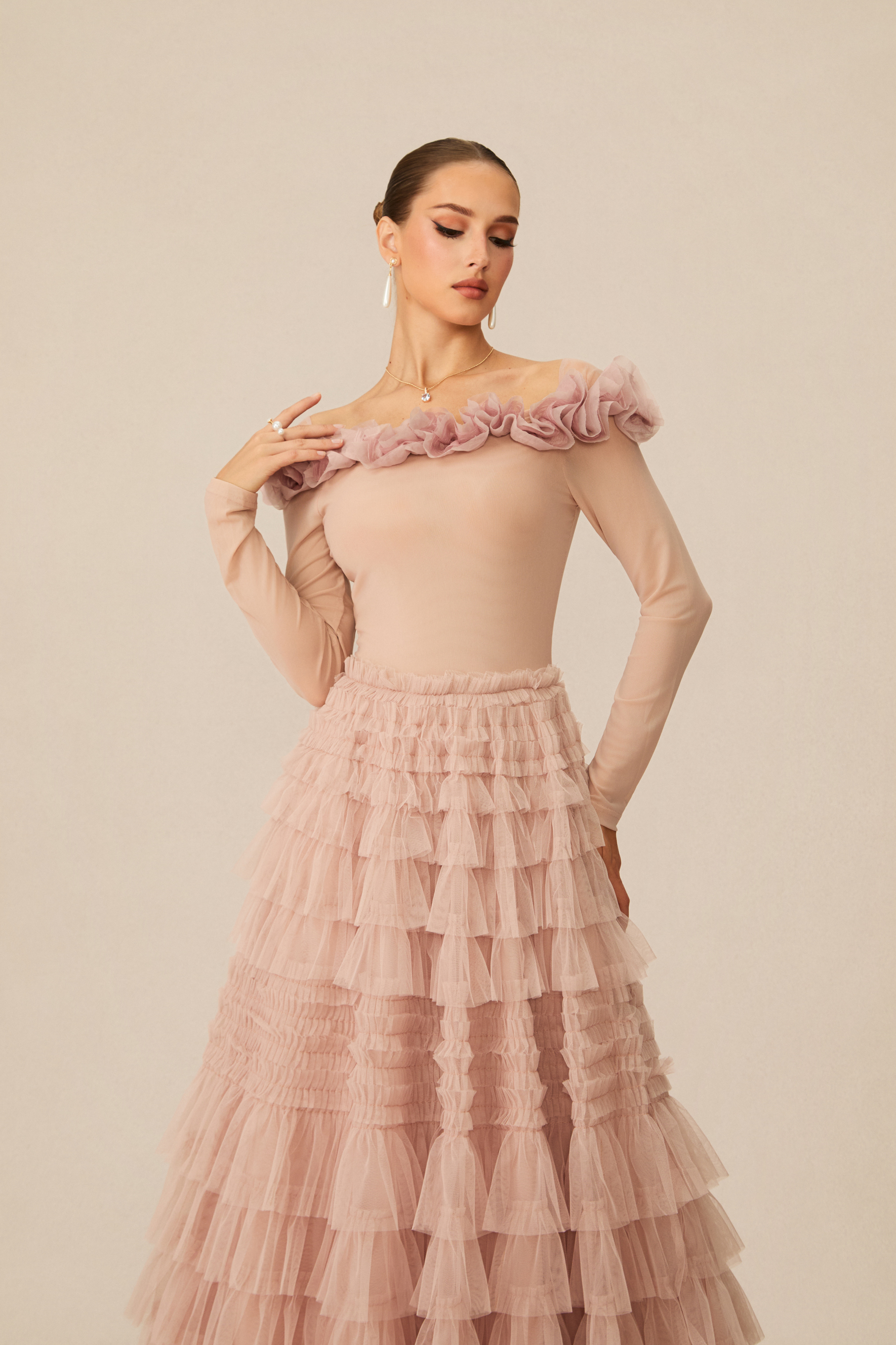 Jenna Off Shoulder Tiered Ruffle Tulle Maxi Dress