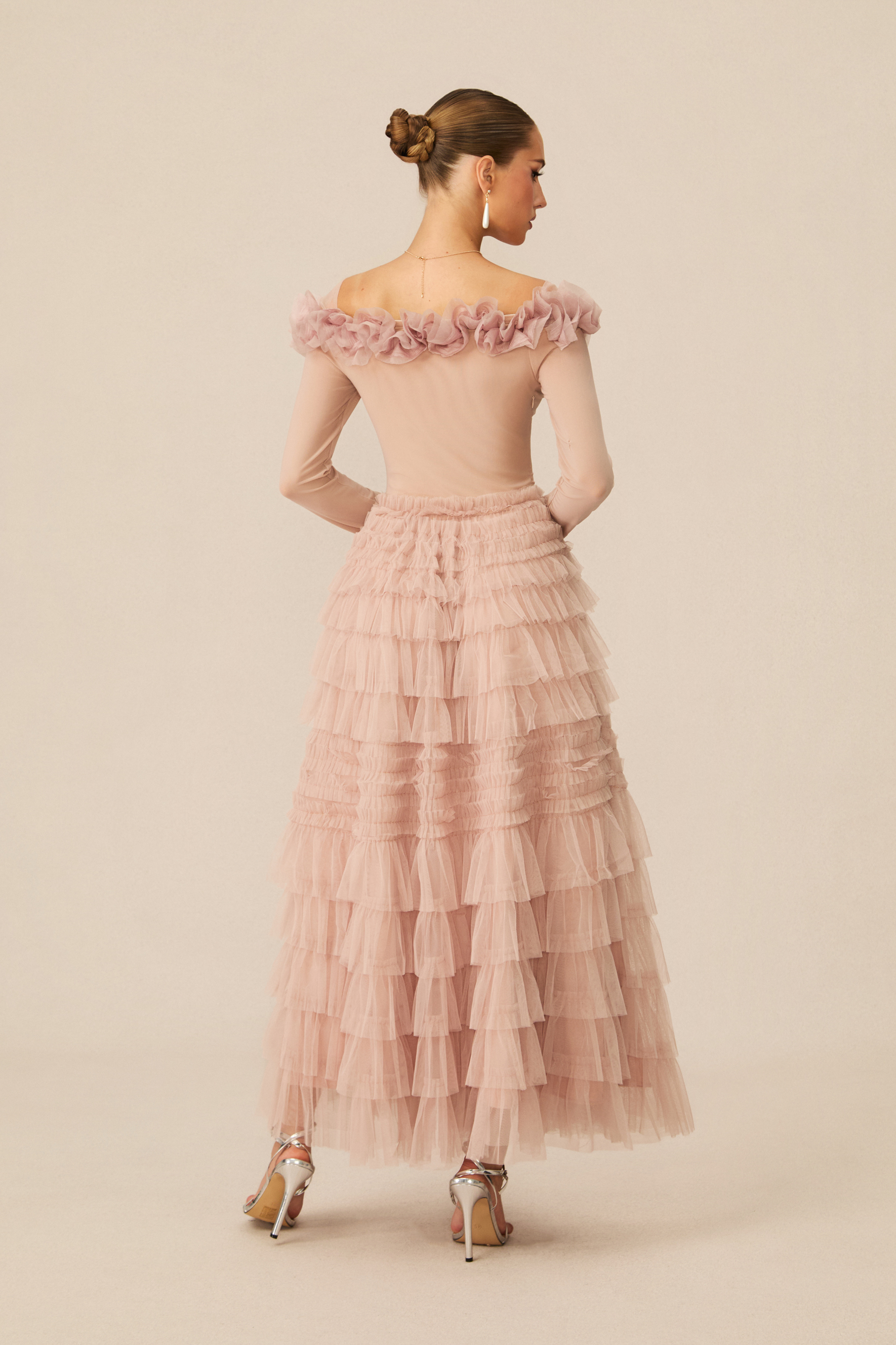 Jenna Off Shoulder Tiered Ruffle Tulle Maxi Dress