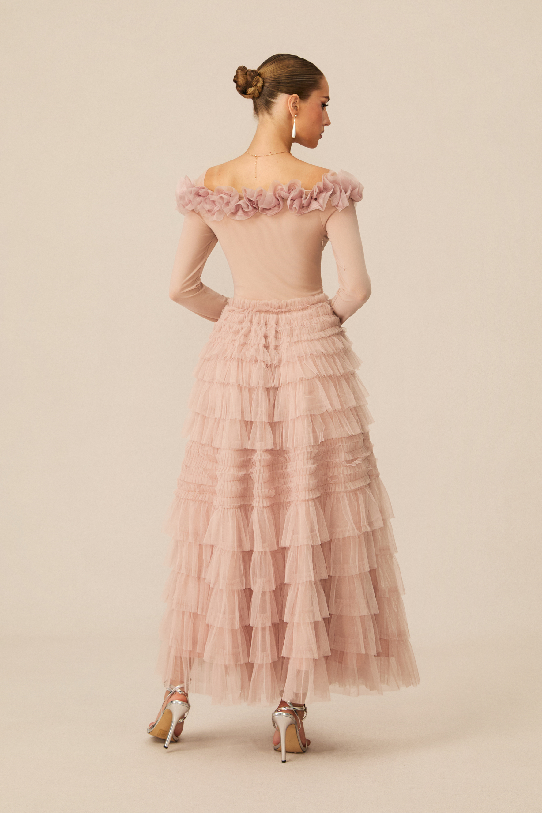 Jenna Off Shoulder Tiered Ruffle Tulle Maxi Dress