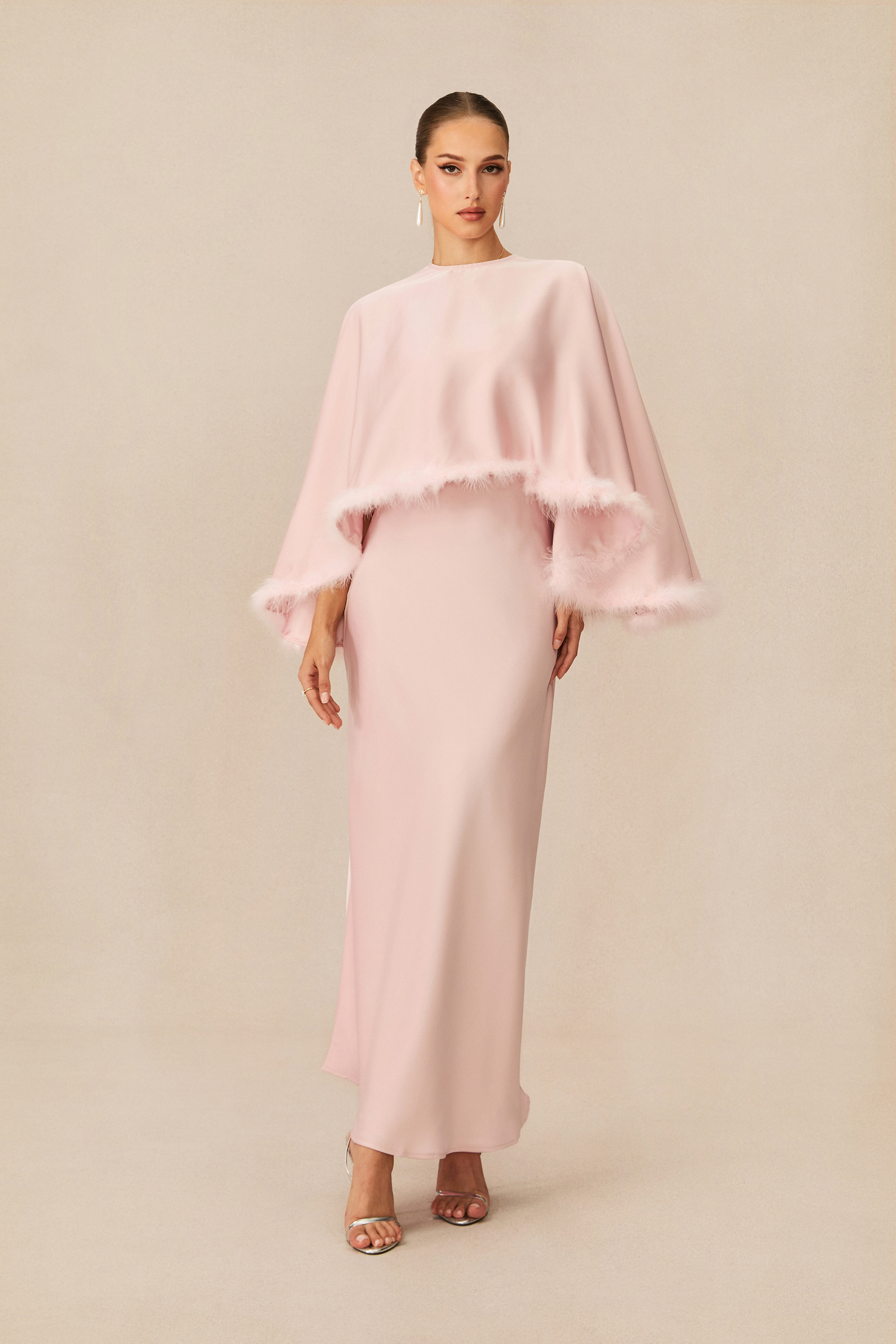 Immaculate Love Pink Feather Trim Cape & Maxi Dress Set