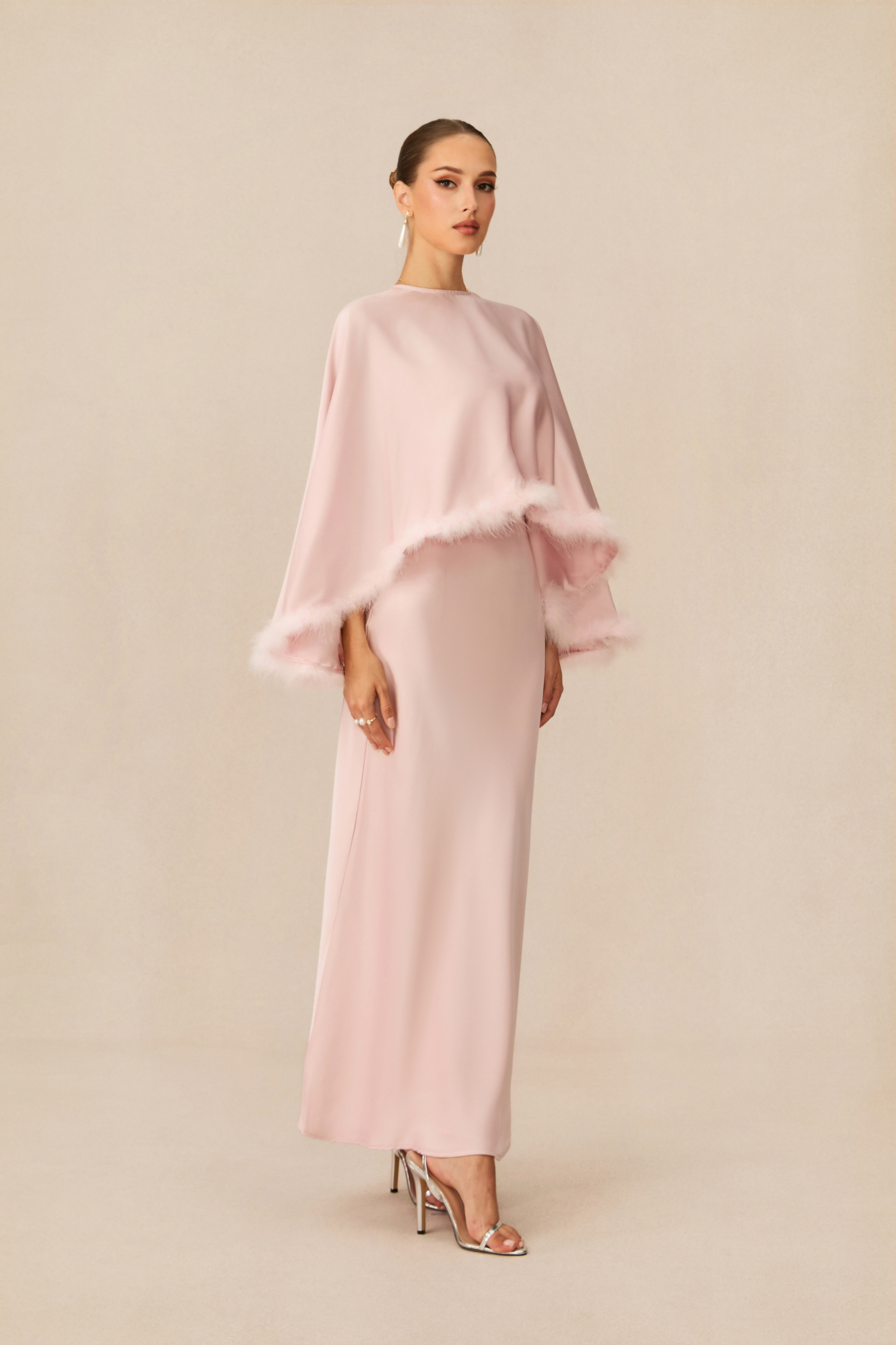 Immaculate Love Pink Feather Trim Cape & Maxi Dress Set