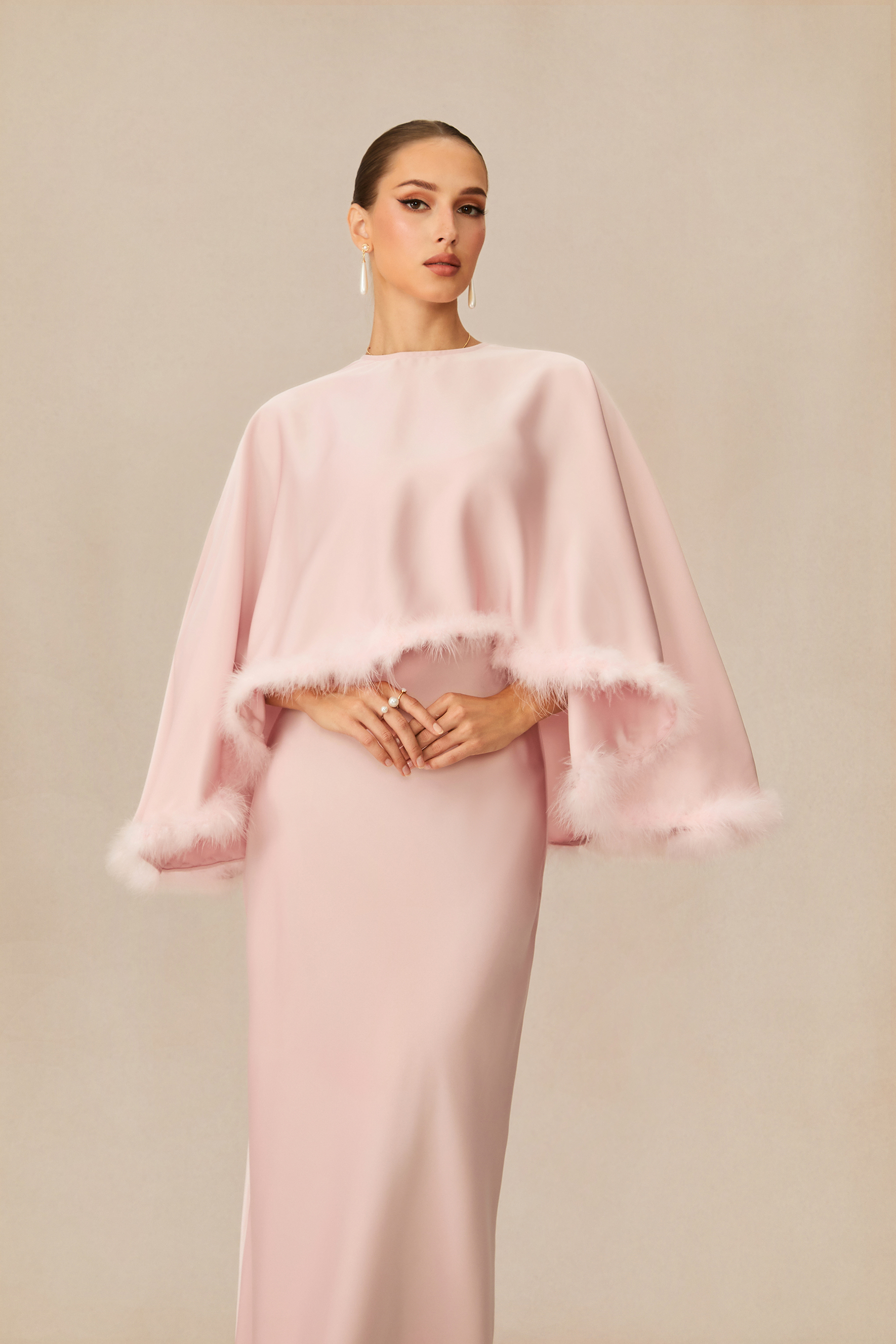 Immaculate Love Pink Feather Trim Cape & Maxi Dress Set