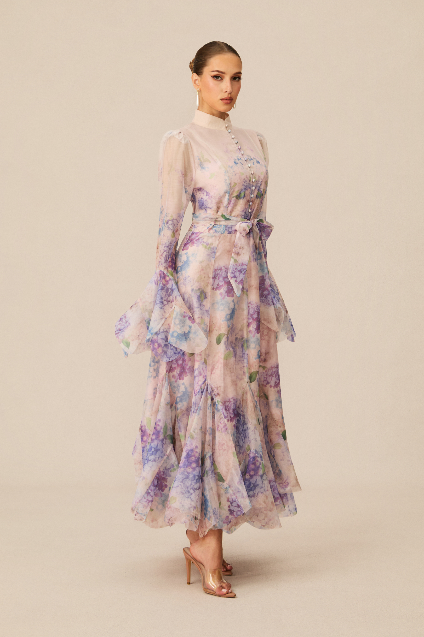 Alessia Floral Print Ruffle Cuff Maxi Dress