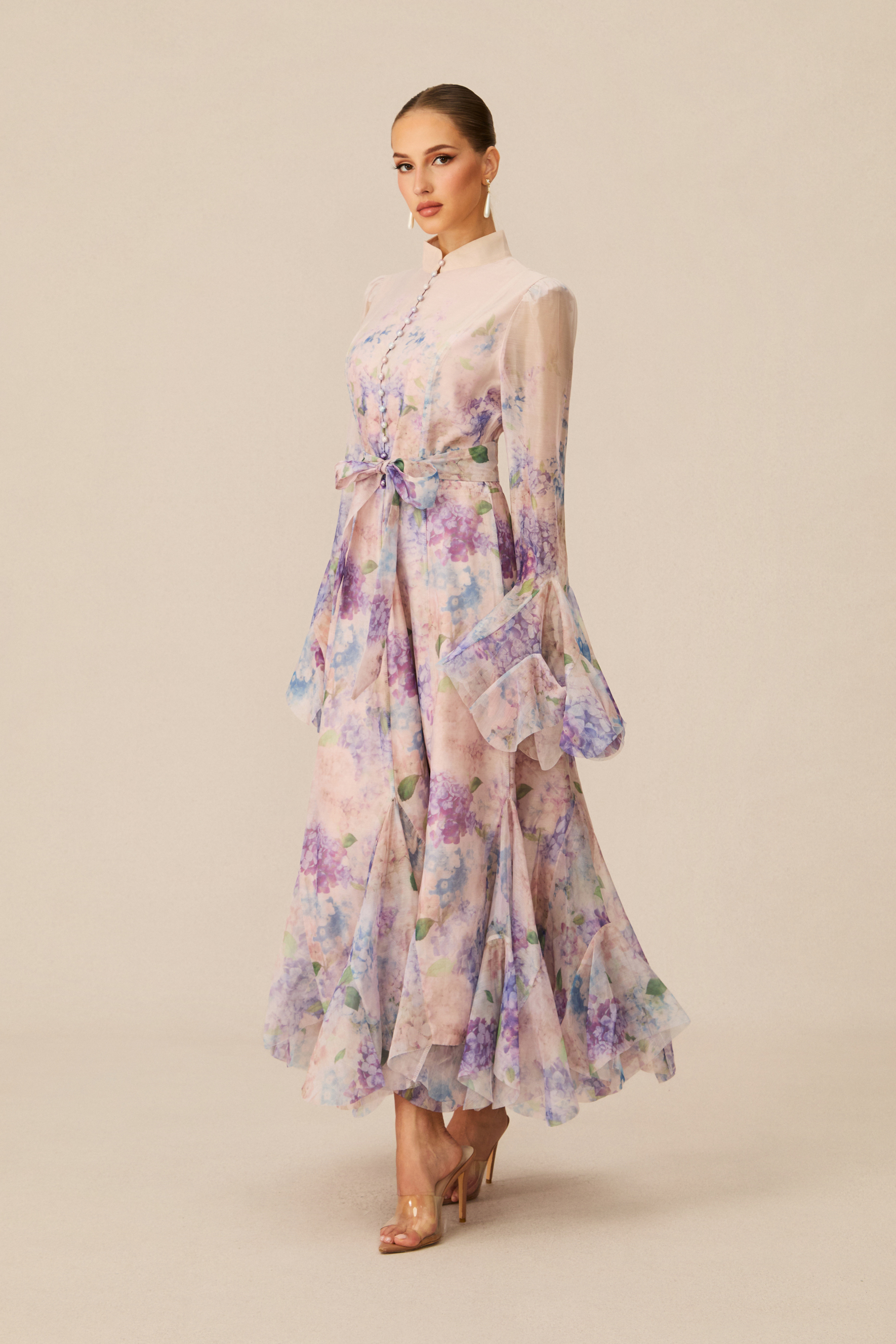 Alessia Floral Print Ruffle Cuff Maxi Dress