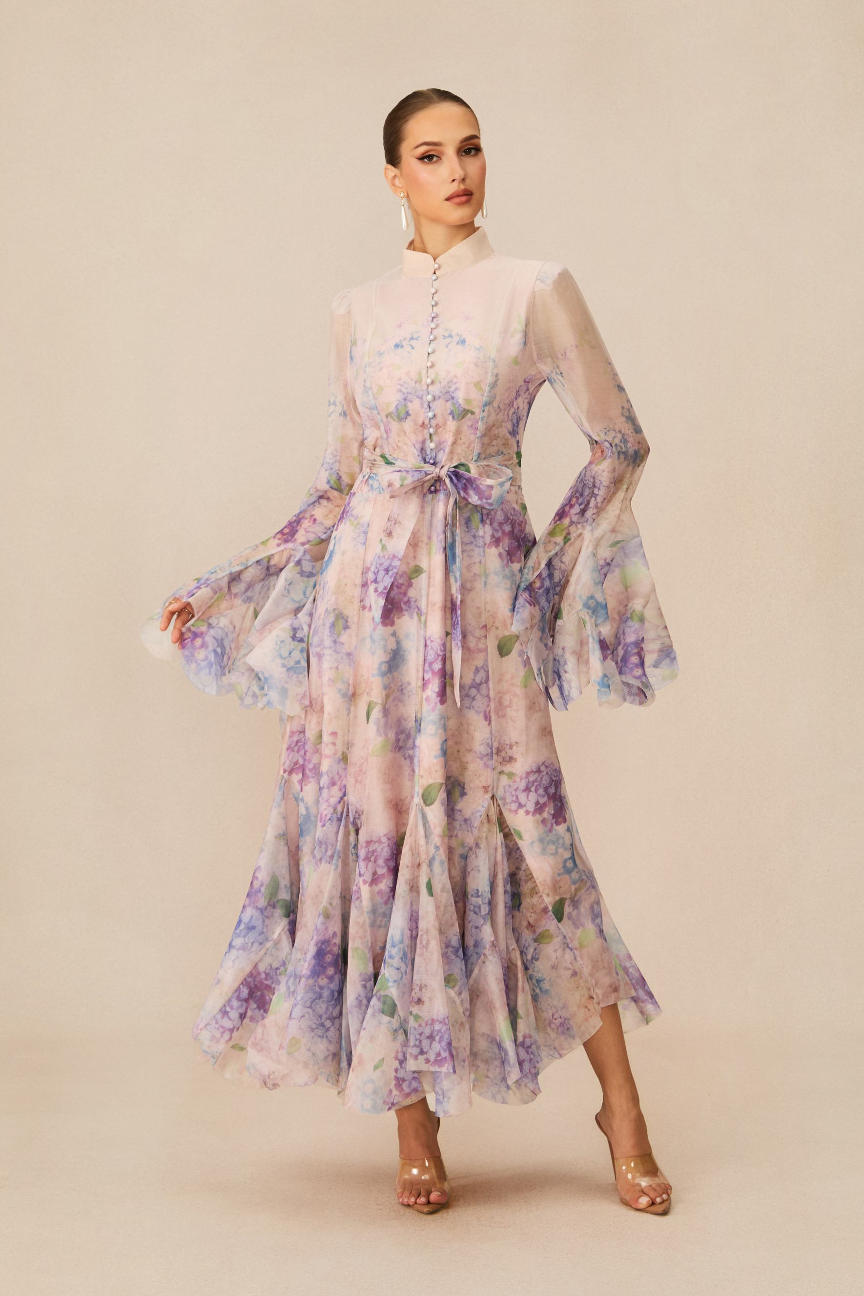 Alessia Floral Print Ruffle Cuff Maxi Dress