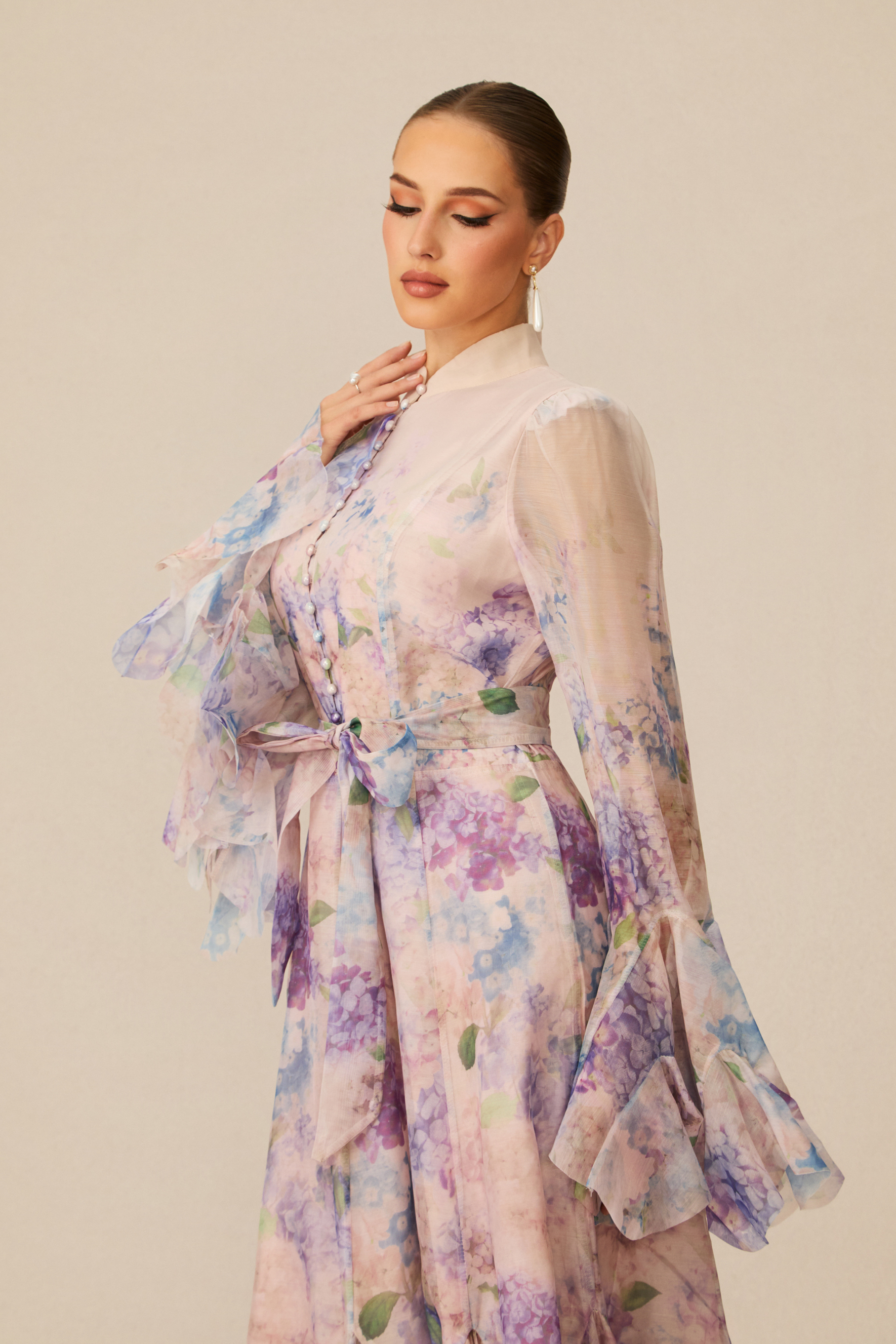 Alessia Floral Print Ruffle Cuff Maxi Dress