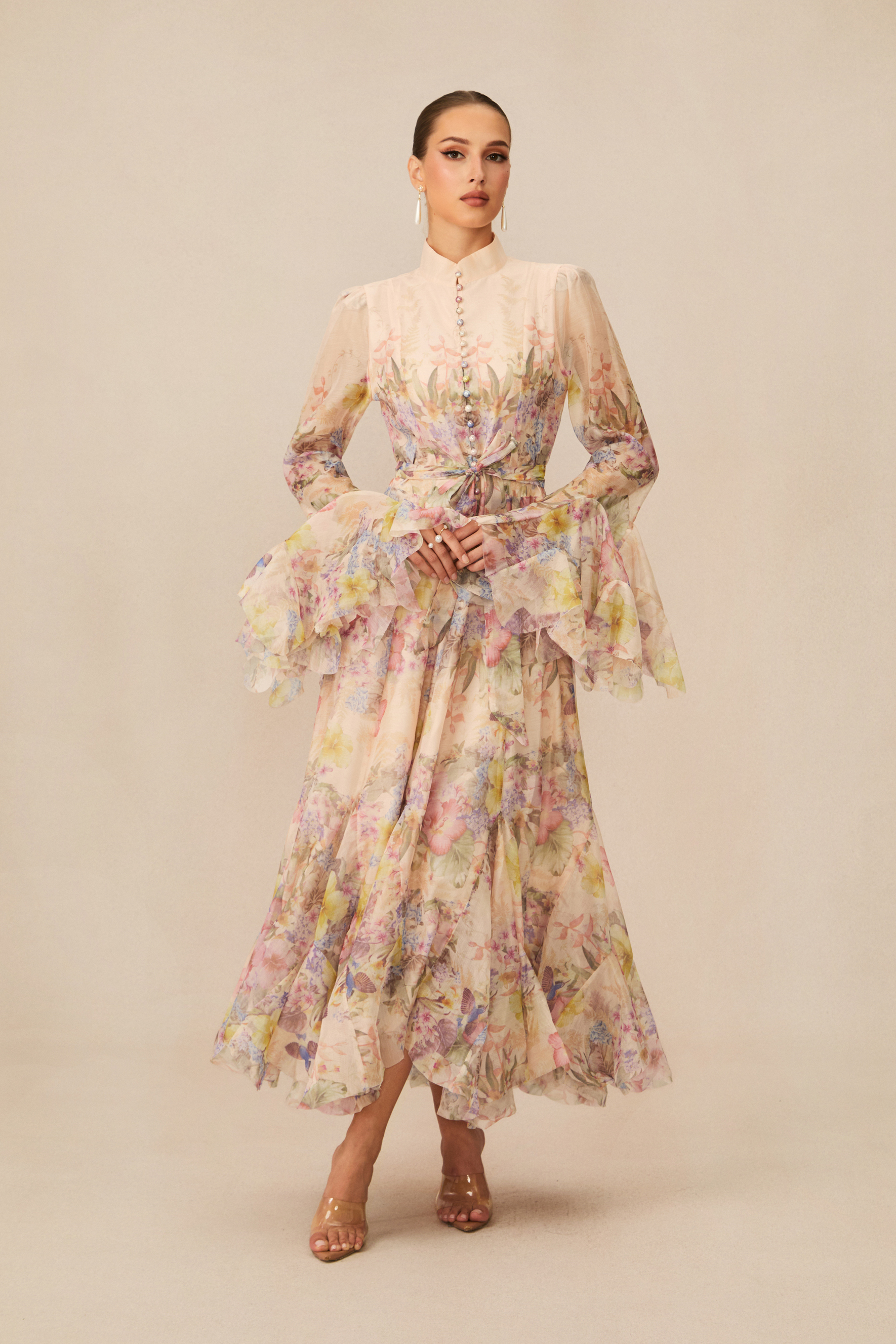Alessia Floral Print Ruffle Cuff Maxi Dress