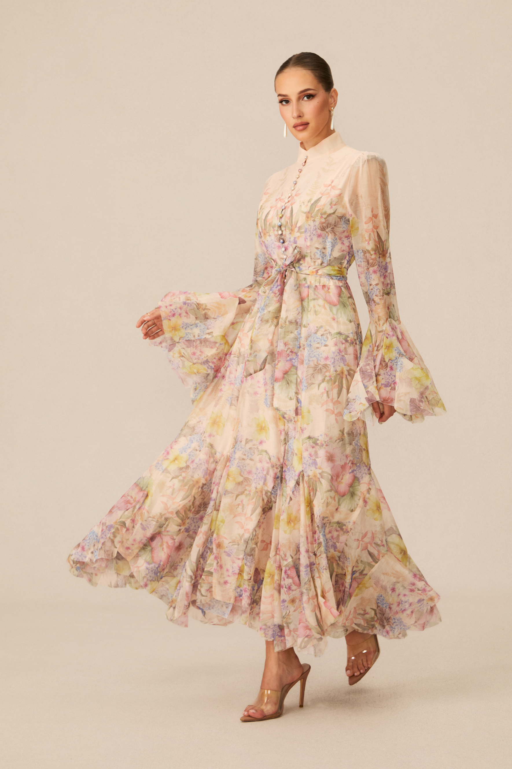 Alessia Floral Print Ruffle Cuff Maxi Dress