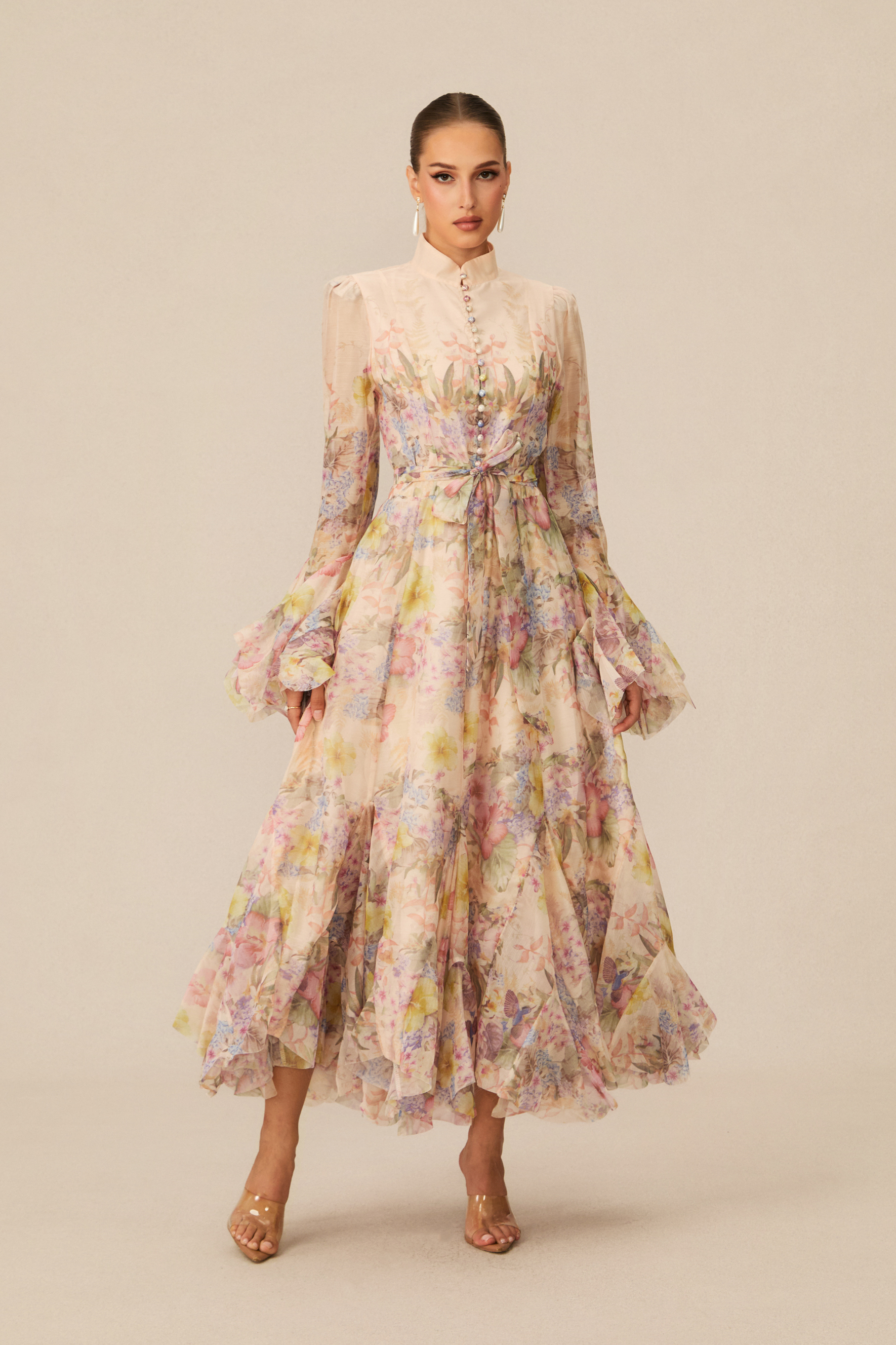 Alessia Floral Print Ruffle Cuff Maxi Dress