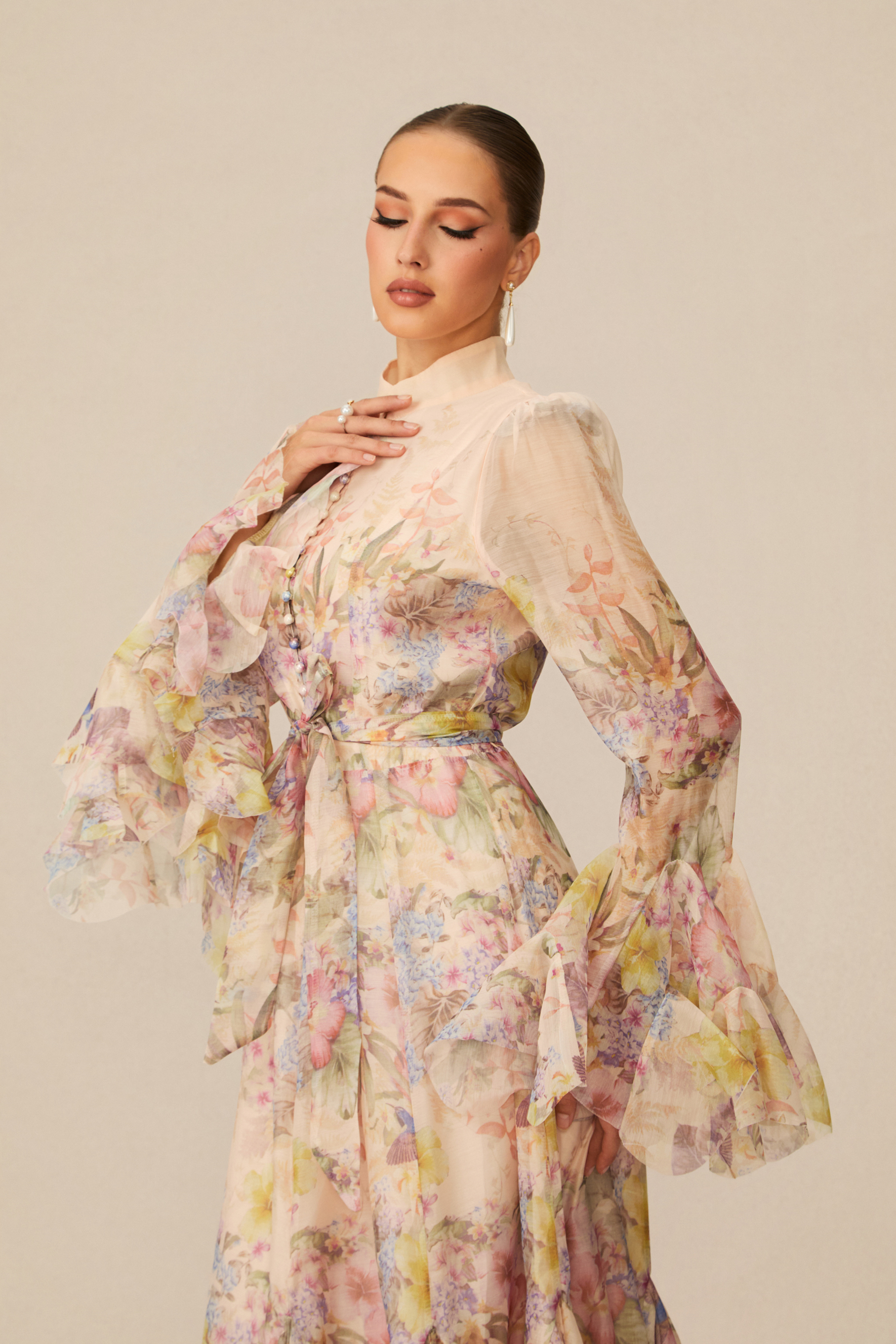 Alessia Floral Print Ruffle Cuff Maxi Dress