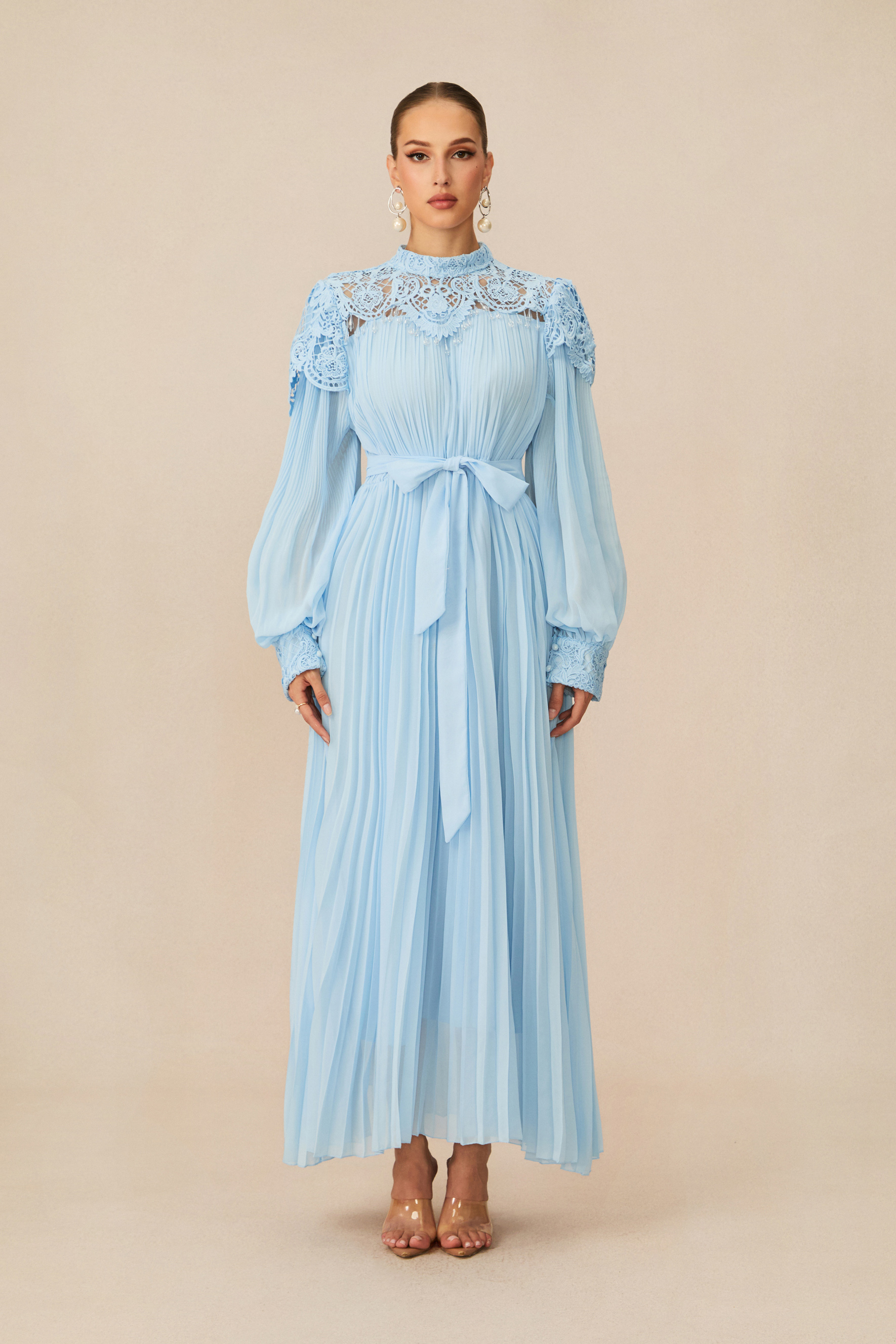 Gorgeous Purpose Blue Embroidered Lace Chiffon Maxi Dress