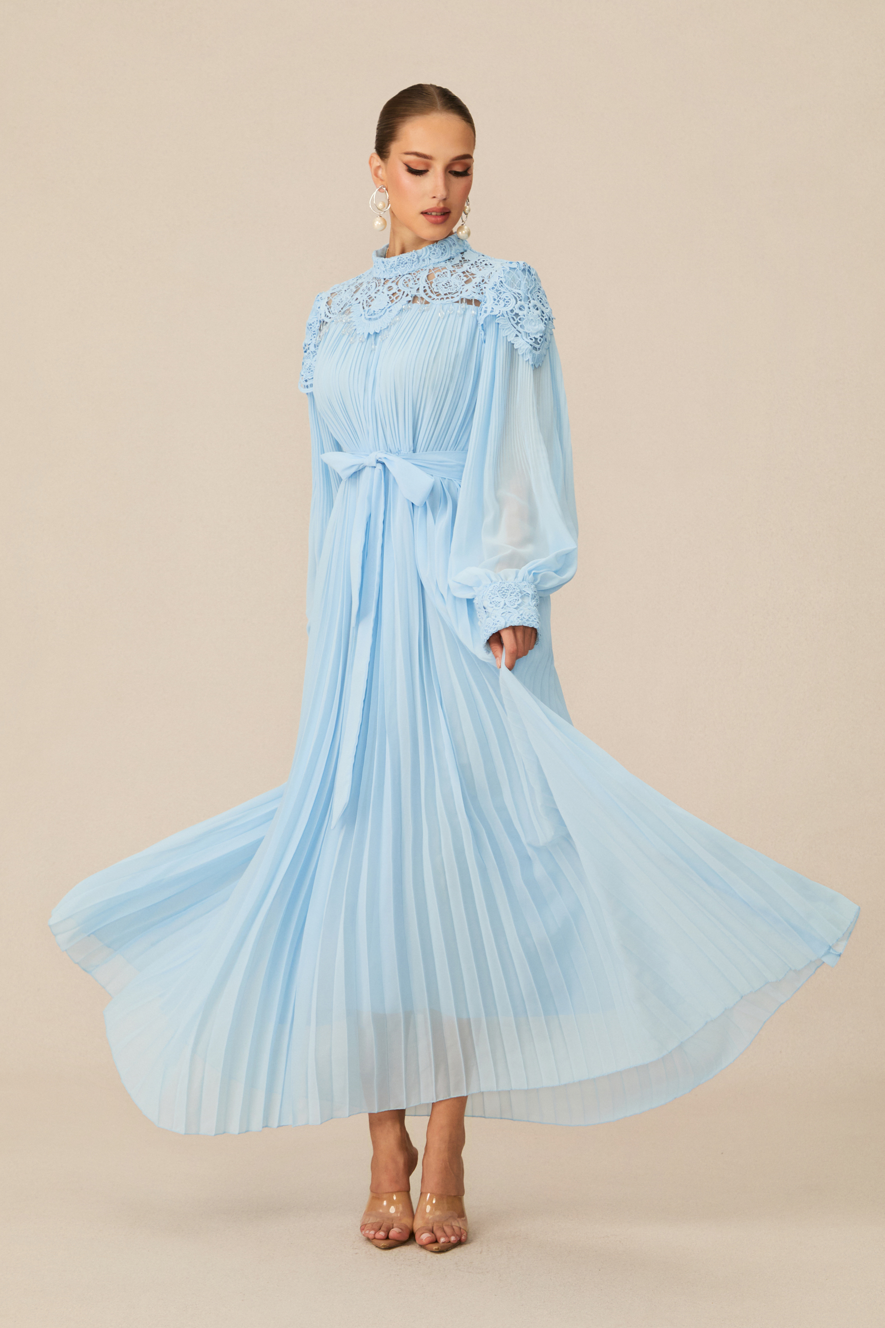 Gorgeous Purpose Blue Embroidered Lace Chiffon Maxi Dress