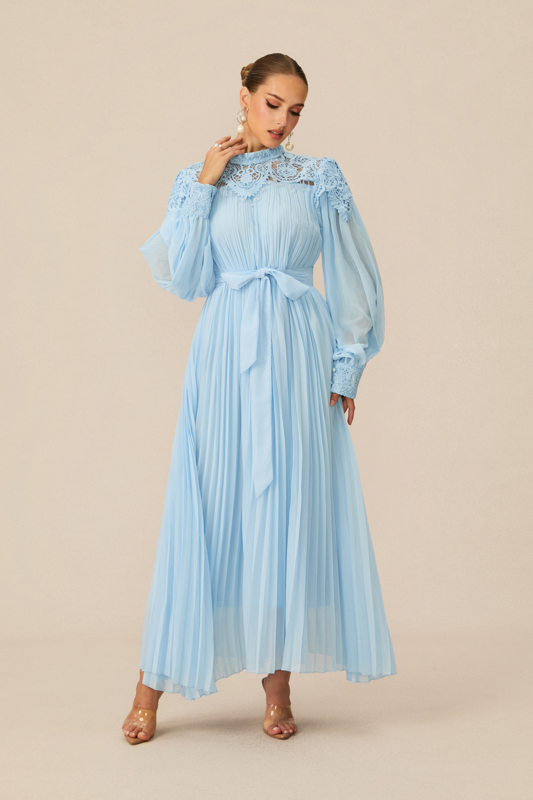 Gorgeous Purpose Blue Embroidered Lace Chiffon Maxi Dress
