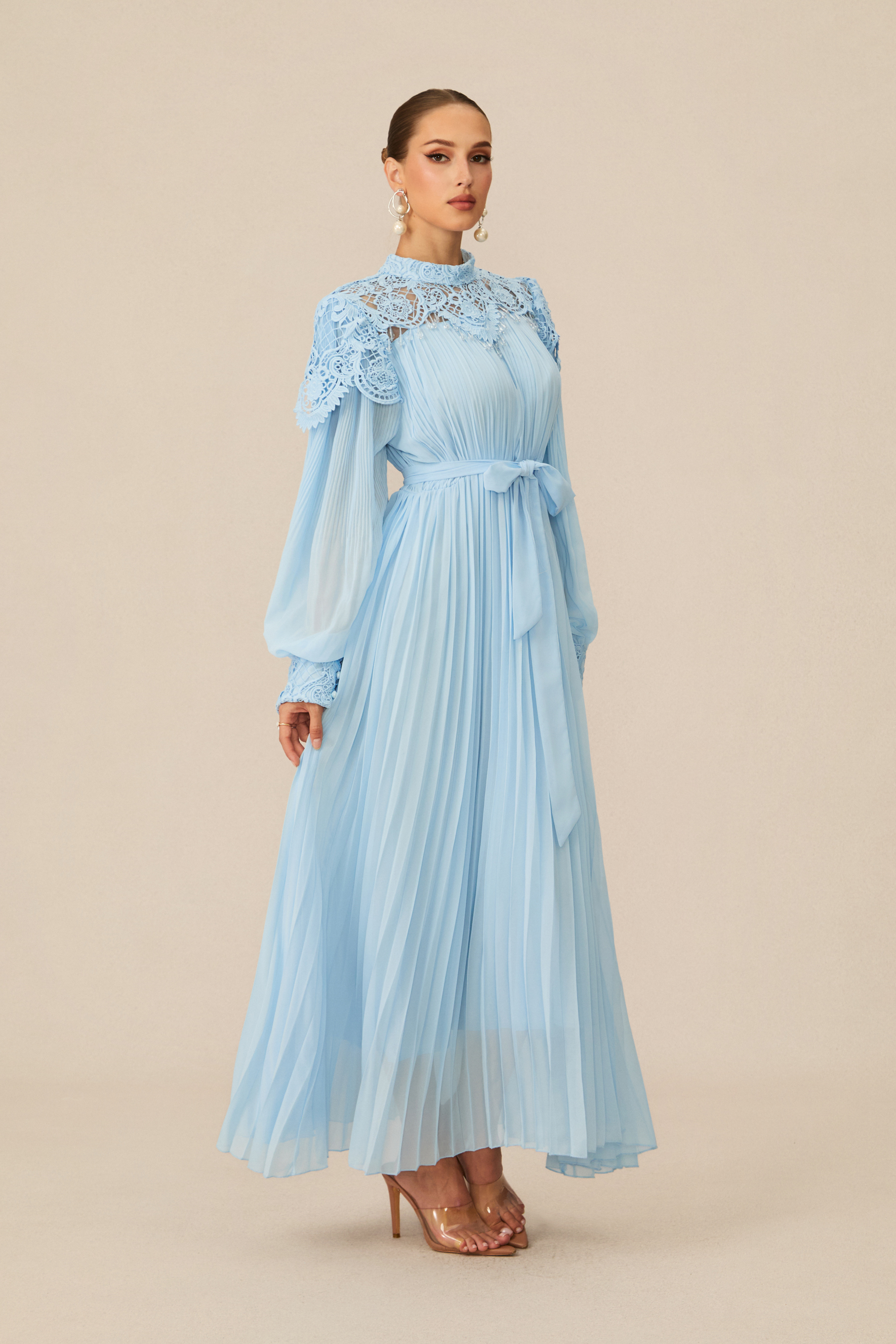 Gorgeous Purpose Blue Embroidered Lace Chiffon Maxi Dress