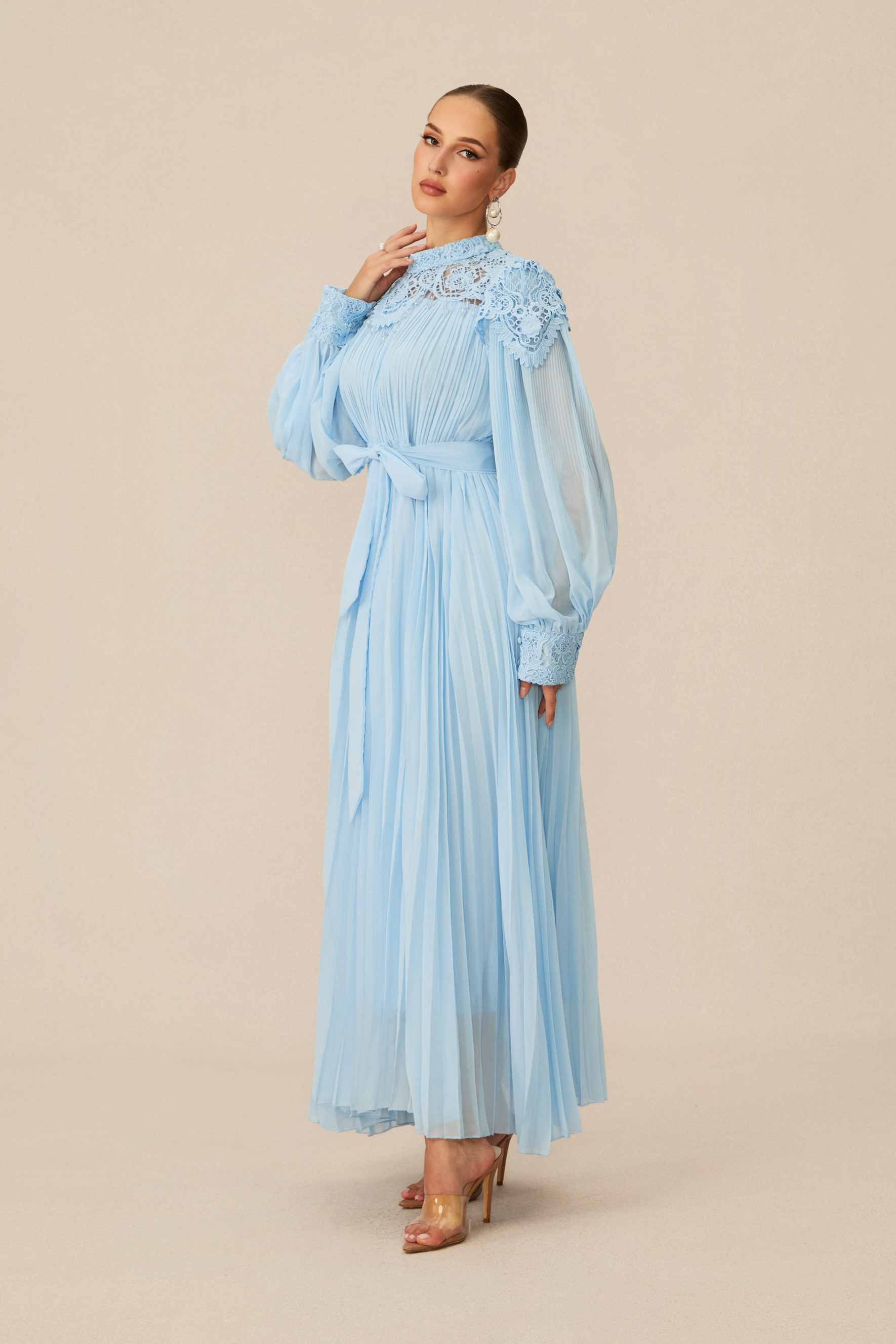 Gorgeous Purpose Blue Embroidered Lace Chiffon Maxi Dress