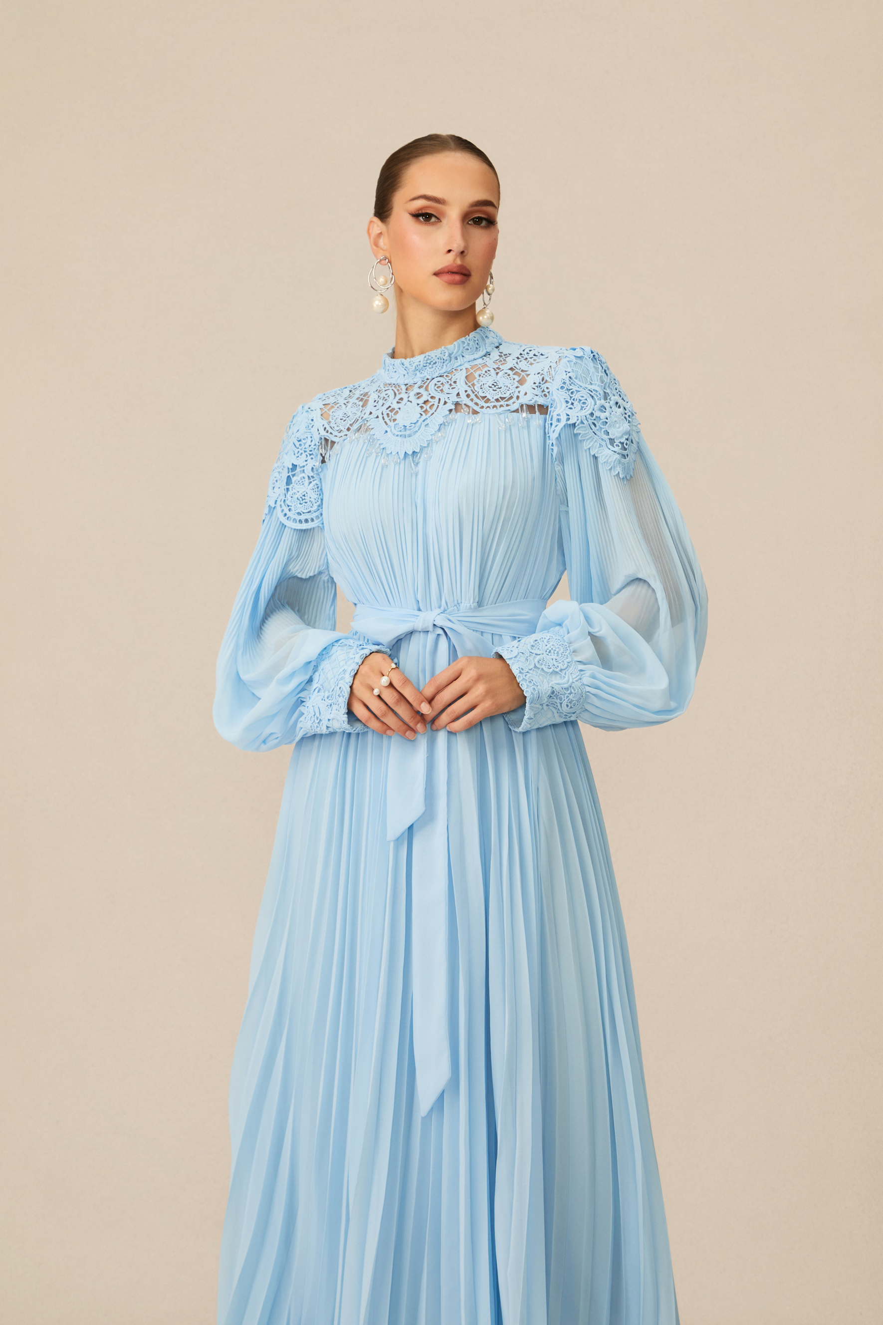 Gorgeous Purpose Blue Embroidered Lace Chiffon Maxi Dress