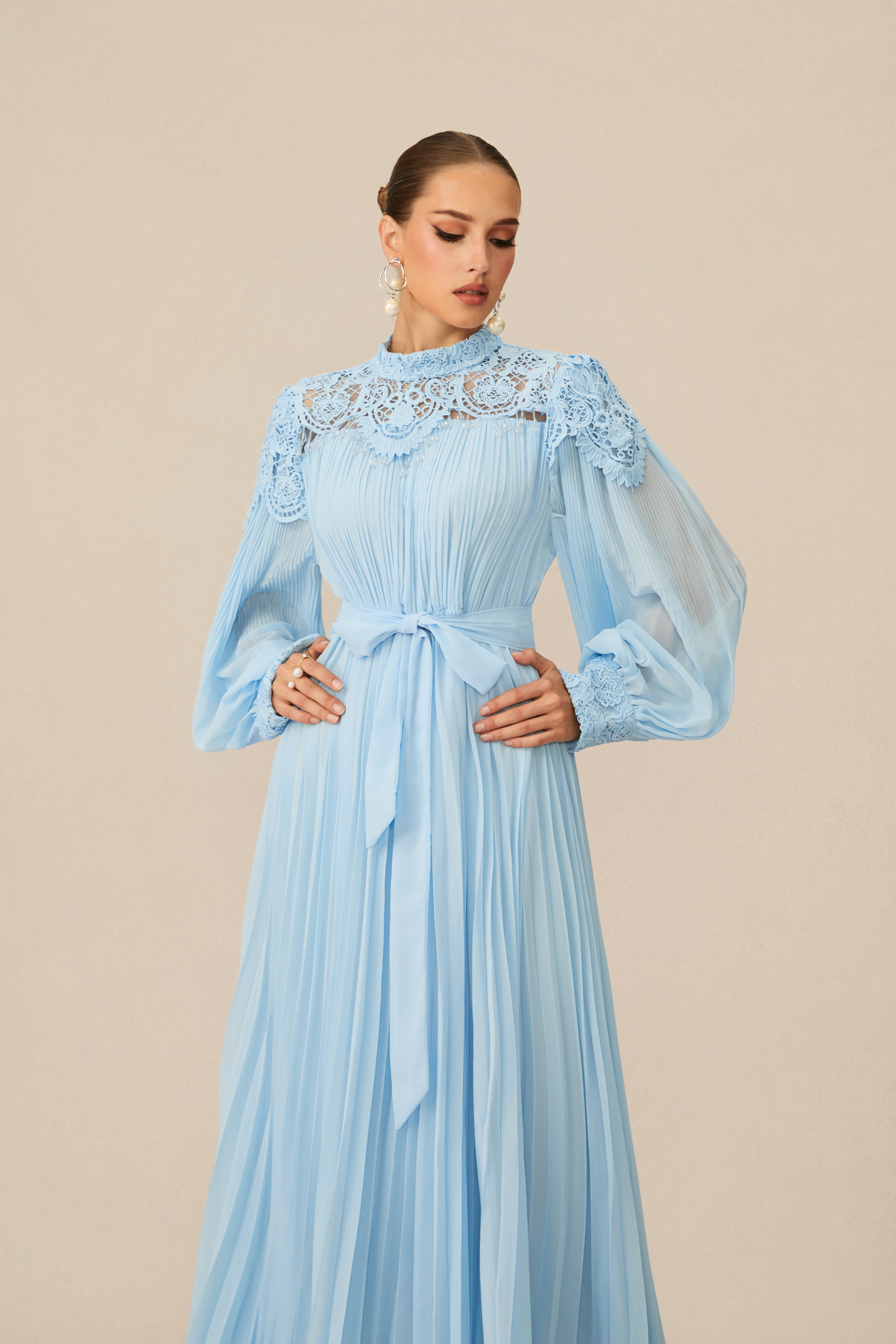 Gorgeous Purpose Blue Embroidered Lace Chiffon Maxi Dress