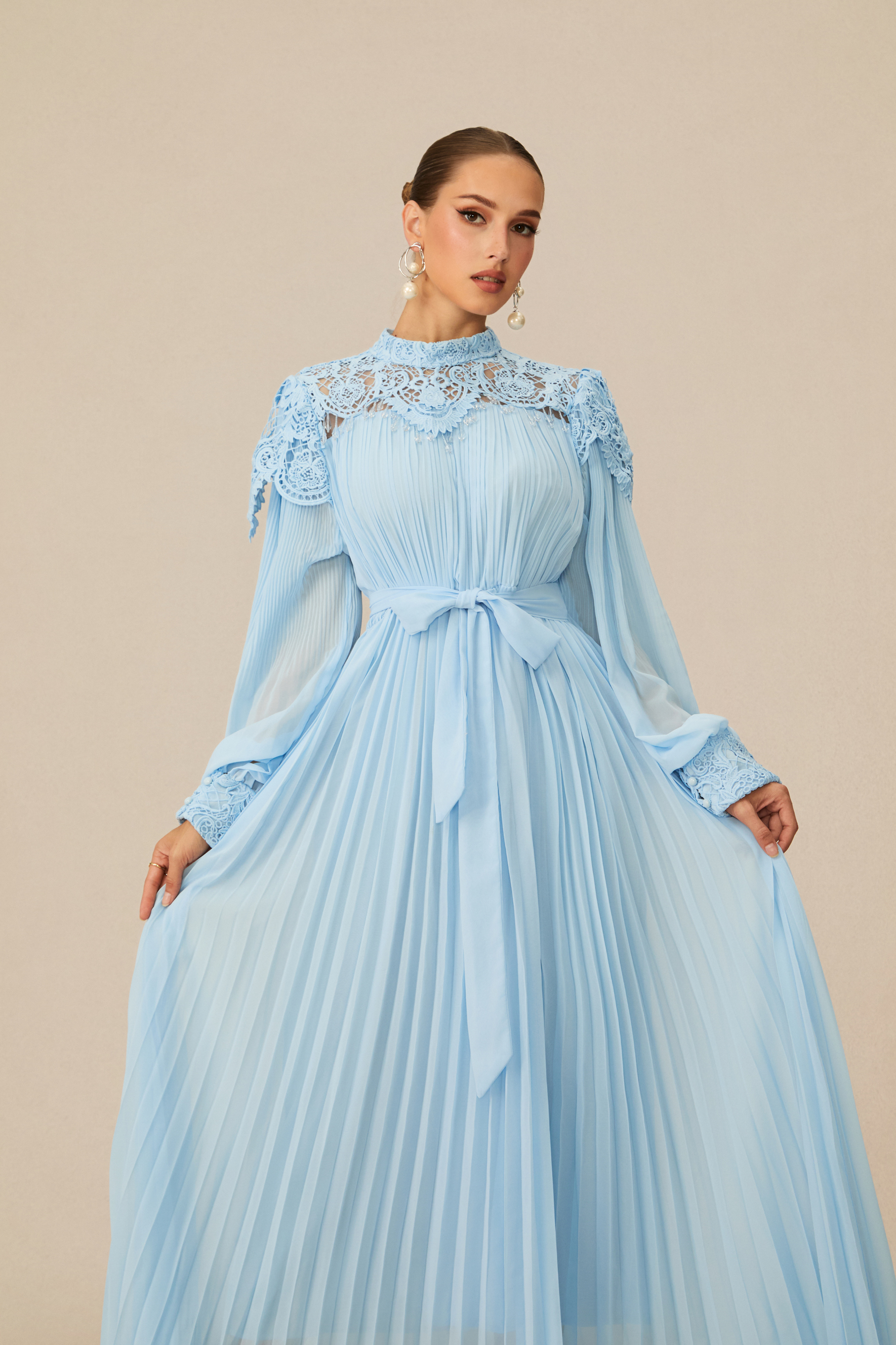 Gorgeous Purpose Blue Embroidered Lace Chiffon Maxi Dress