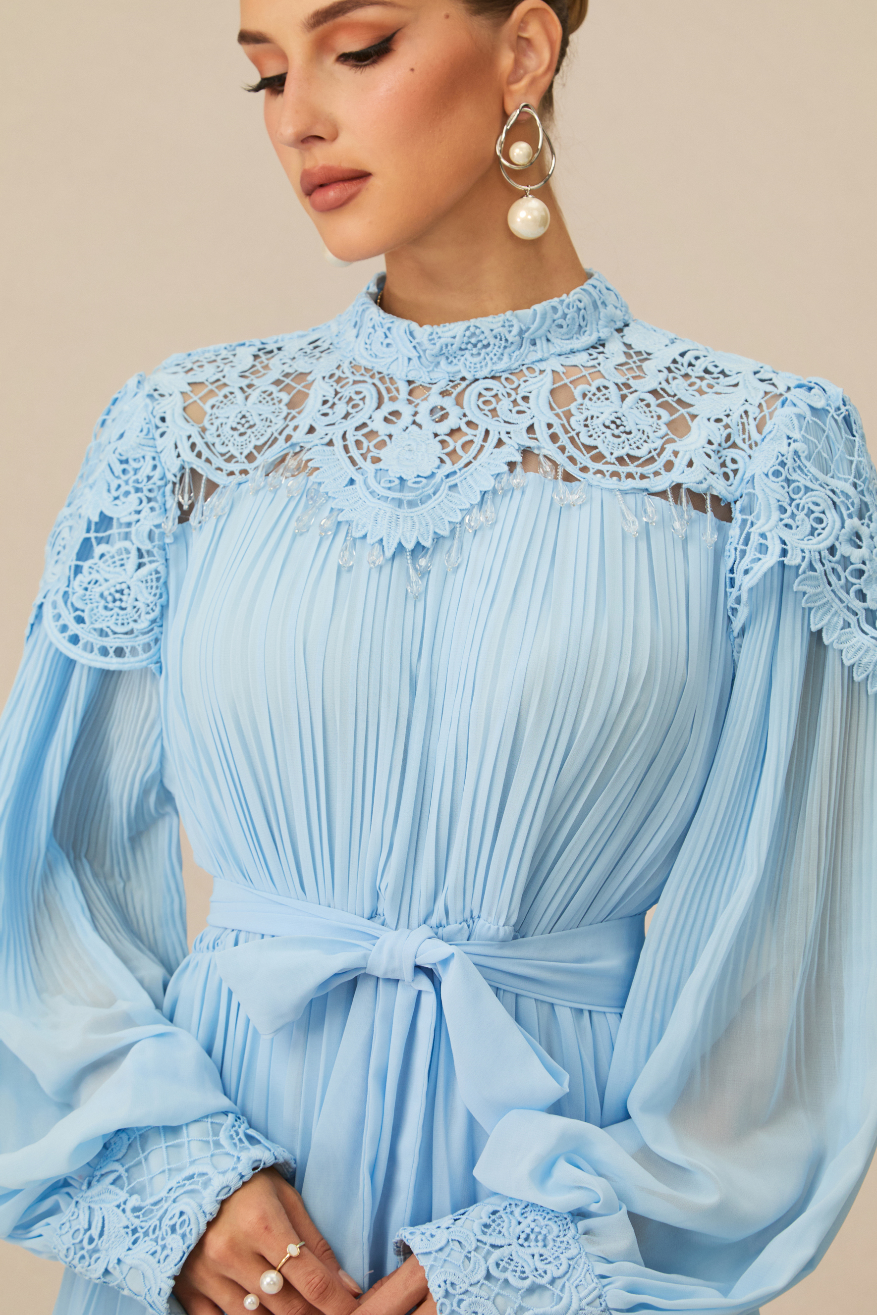 Gorgeous Purpose Blue Embroidered Lace Chiffon Maxi Dress