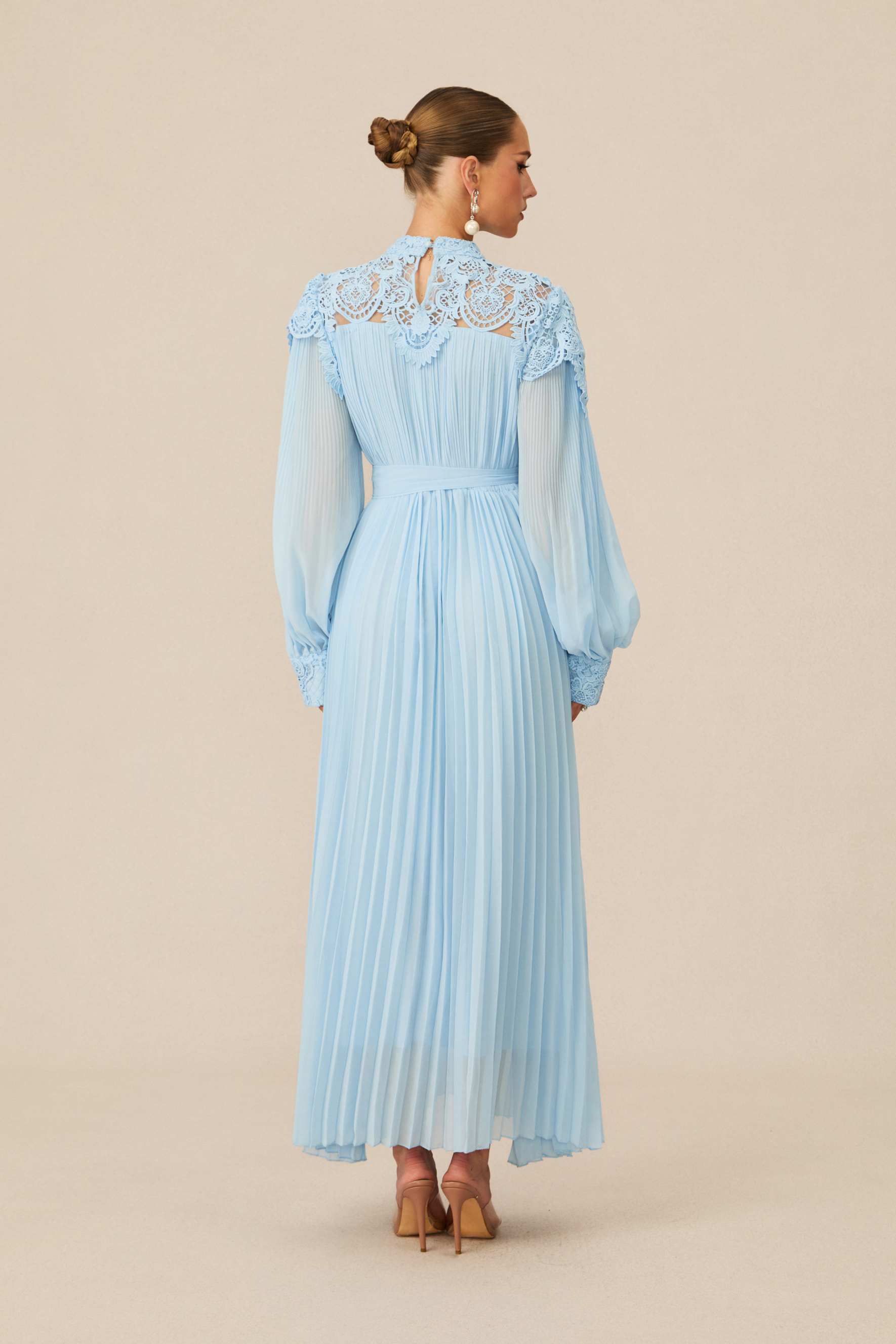 Gorgeous Purpose Blue Embroidered Lace Chiffon Maxi Dress
