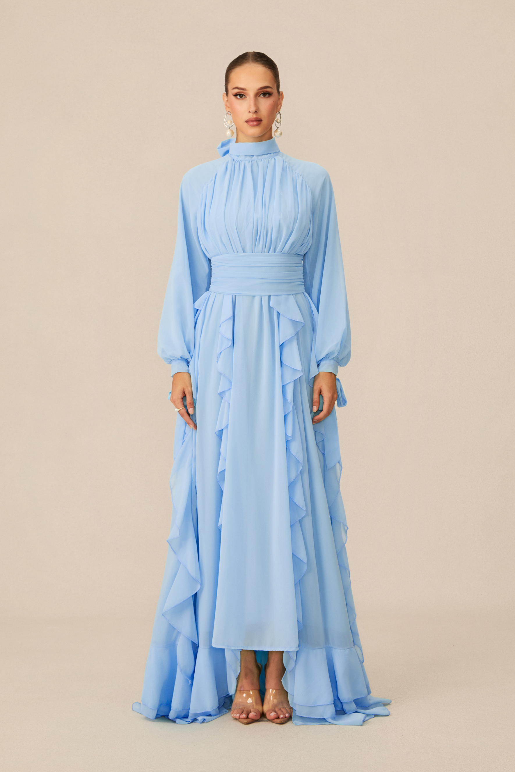 Luna Balloon Sleeve Ruffle Detail Chiffon Maxi Dress