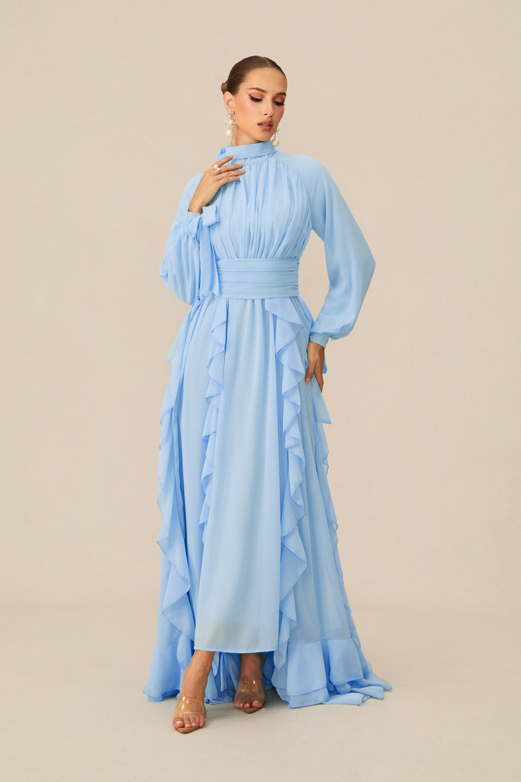 Luna Balloon Sleeve Ruffle Detail Chiffon Maxi Dress