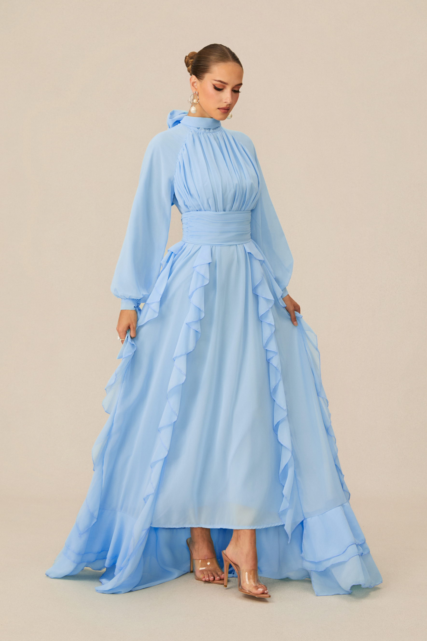 Luna Balloon Sleeve Ruffle Detail Chiffon Maxi Dress