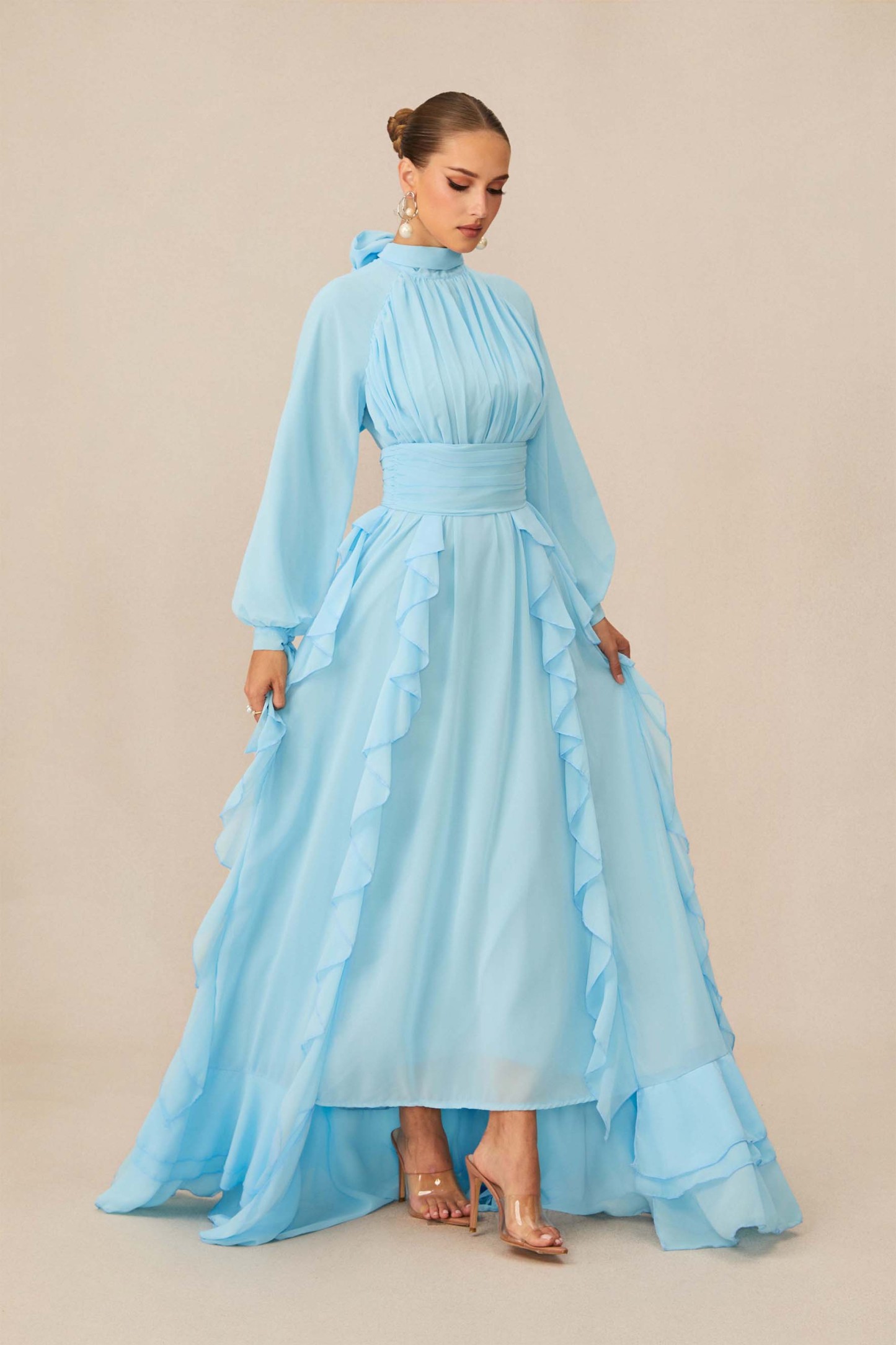 Luna Balloon Sleeve Ruffle Detail Chiffon Maxi Dress – sunfere