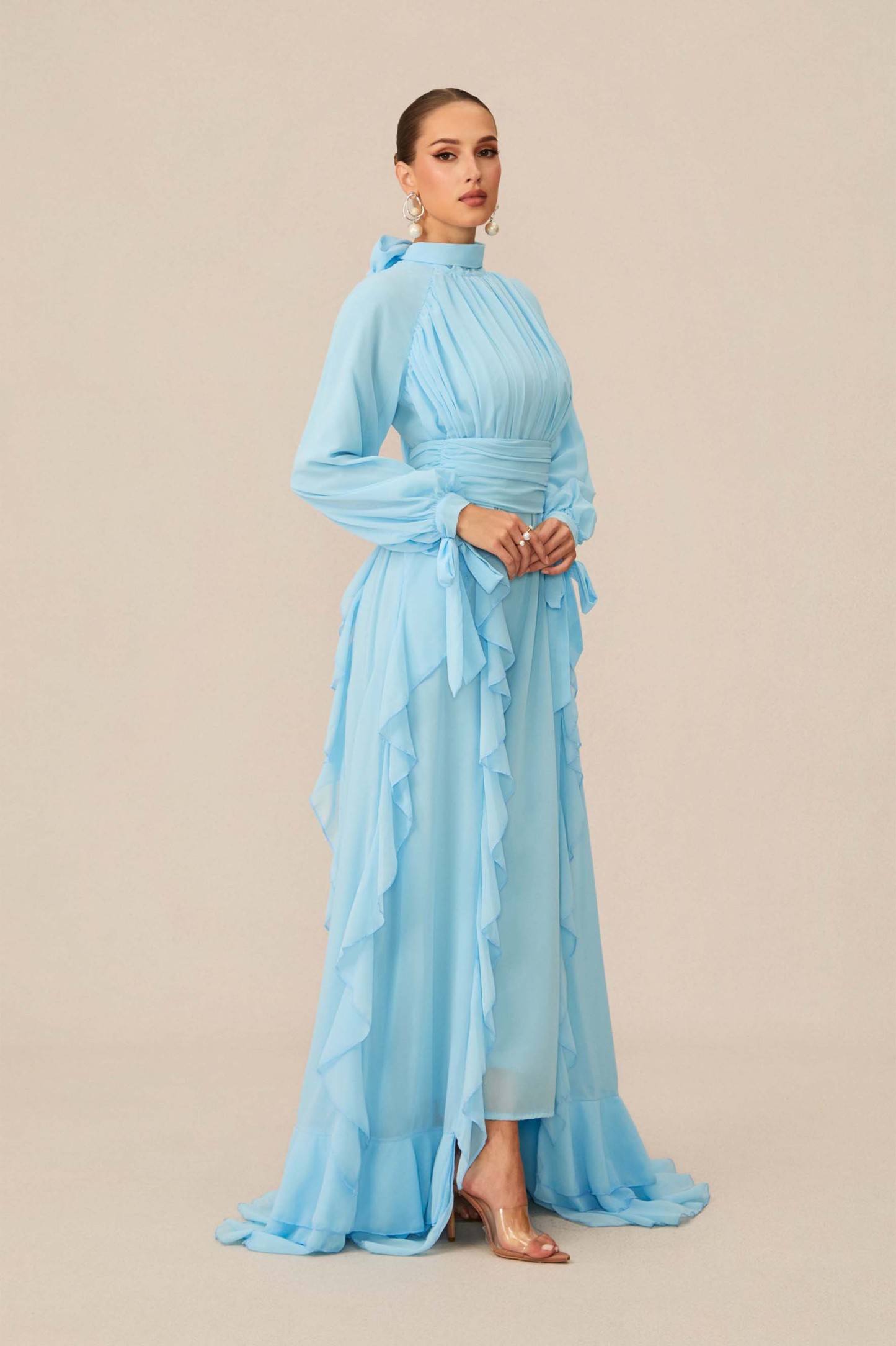 Luna Balloon Sleeve Ruffle Detail Chiffon Maxi Dress – sunfere