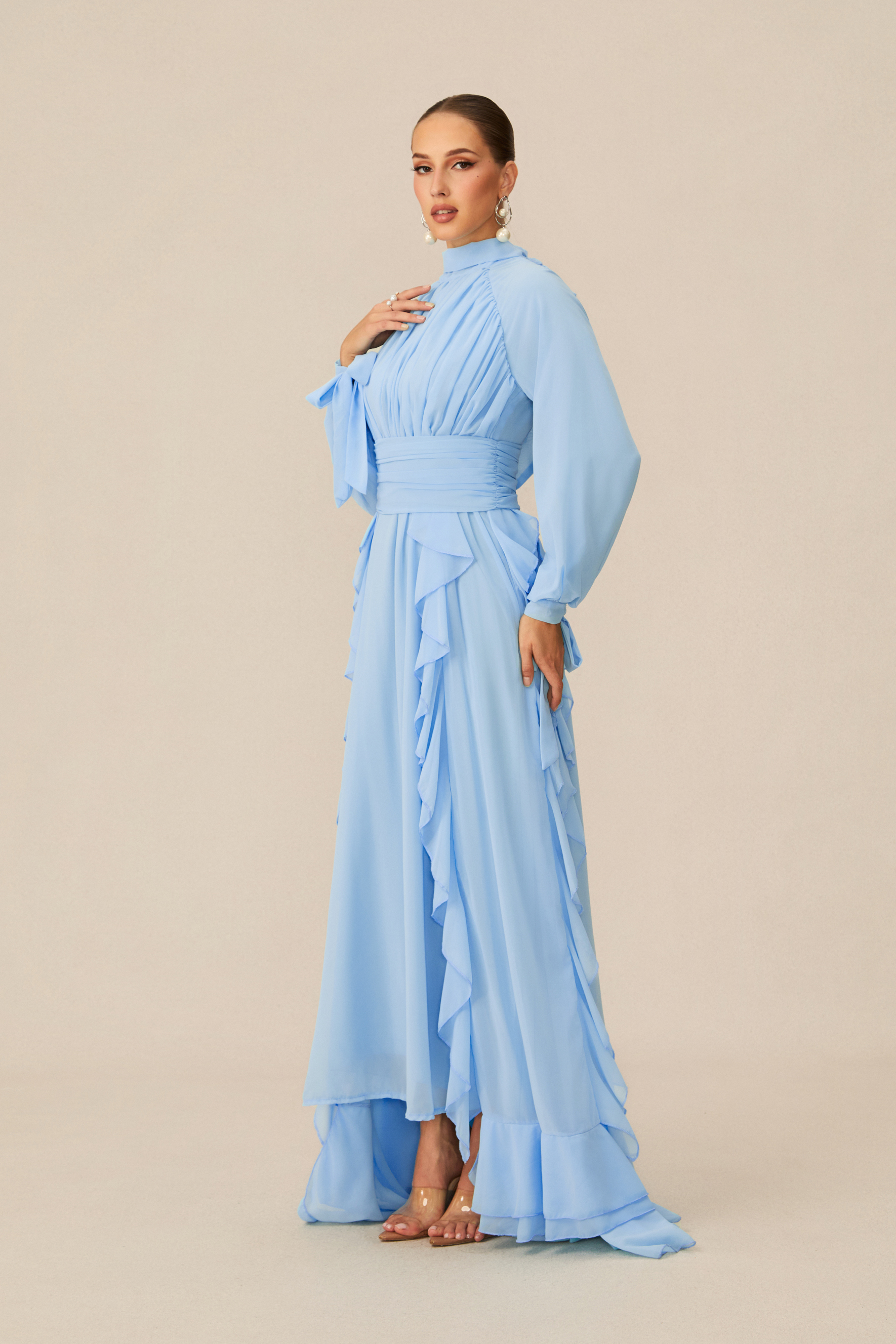 Luna Balloon Sleeve Ruffle Detail Chiffon Maxi Dress