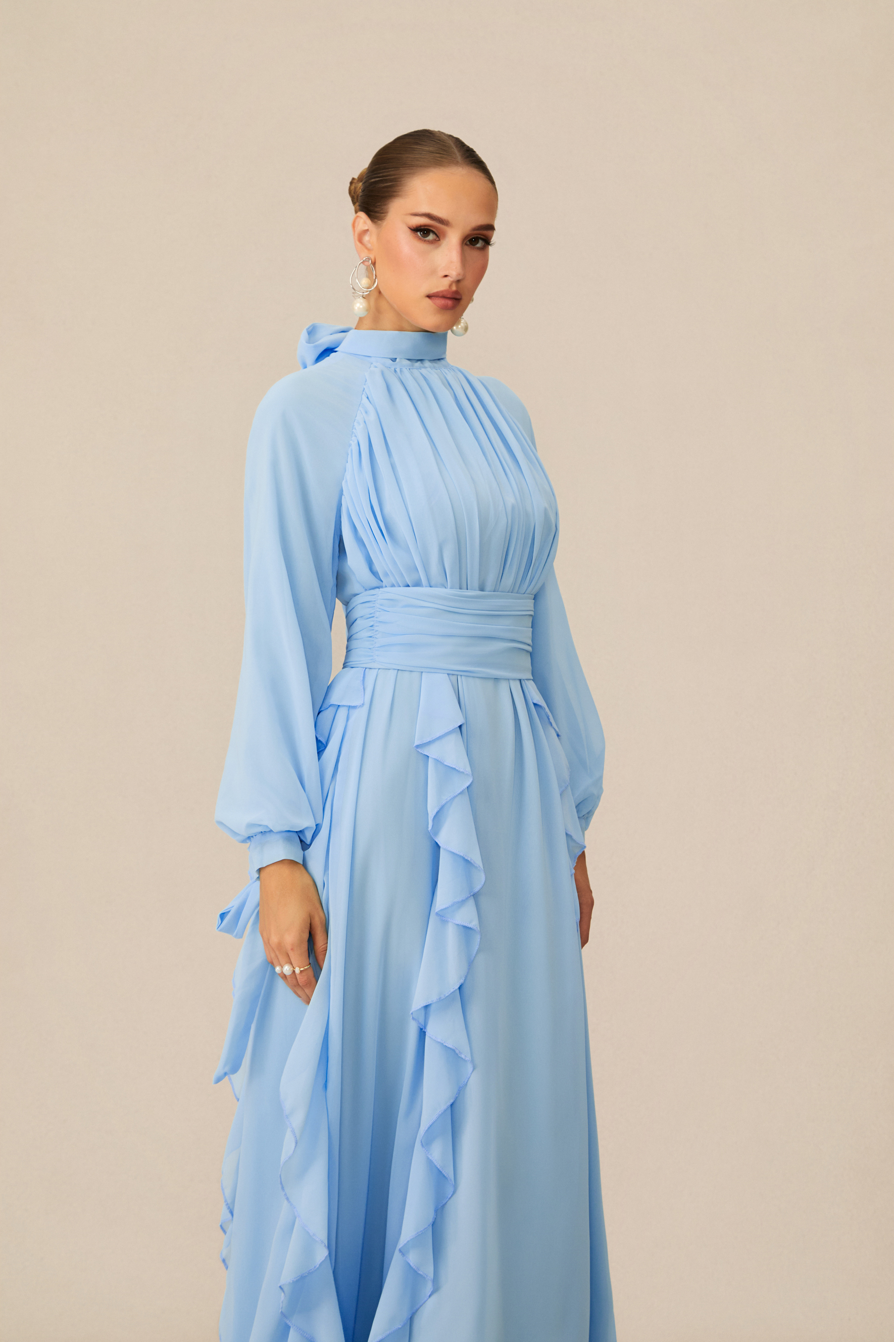 Luna Balloon Sleeve Ruffle Detail Chiffon Maxi Dress