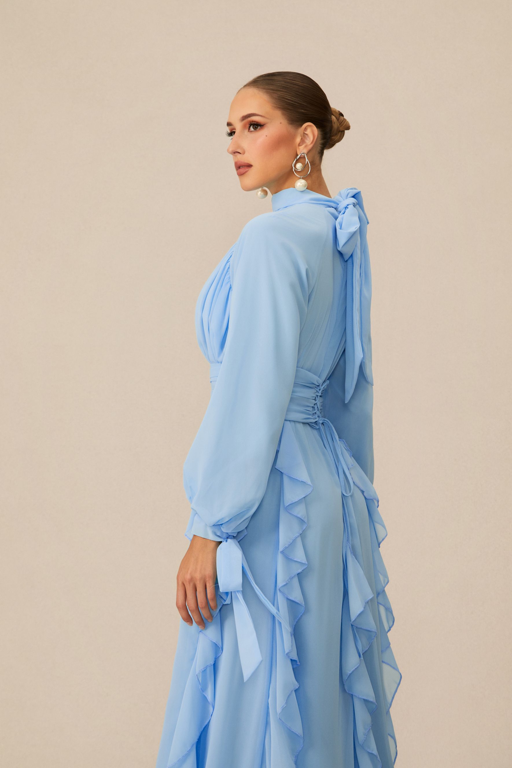 Luna Balloon Sleeve Ruffle Detail Chiffon Maxi Dress