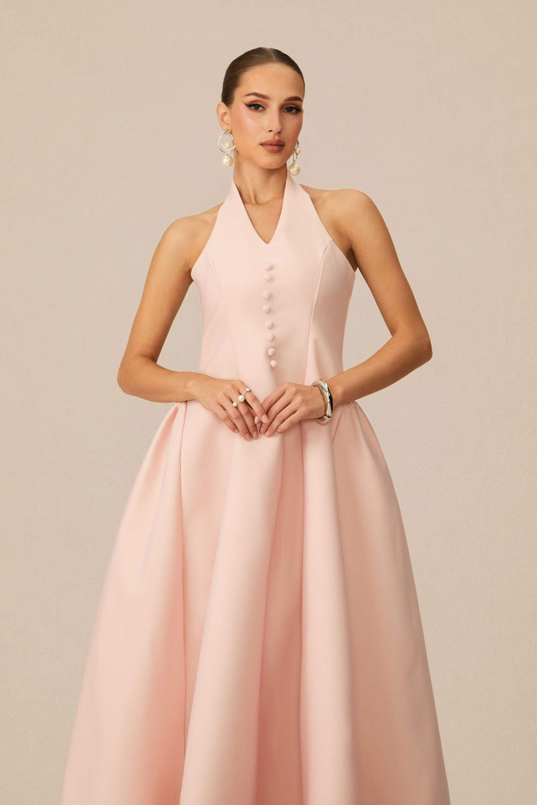 Prominent Charm Pink Halter A-Line Midi Dress