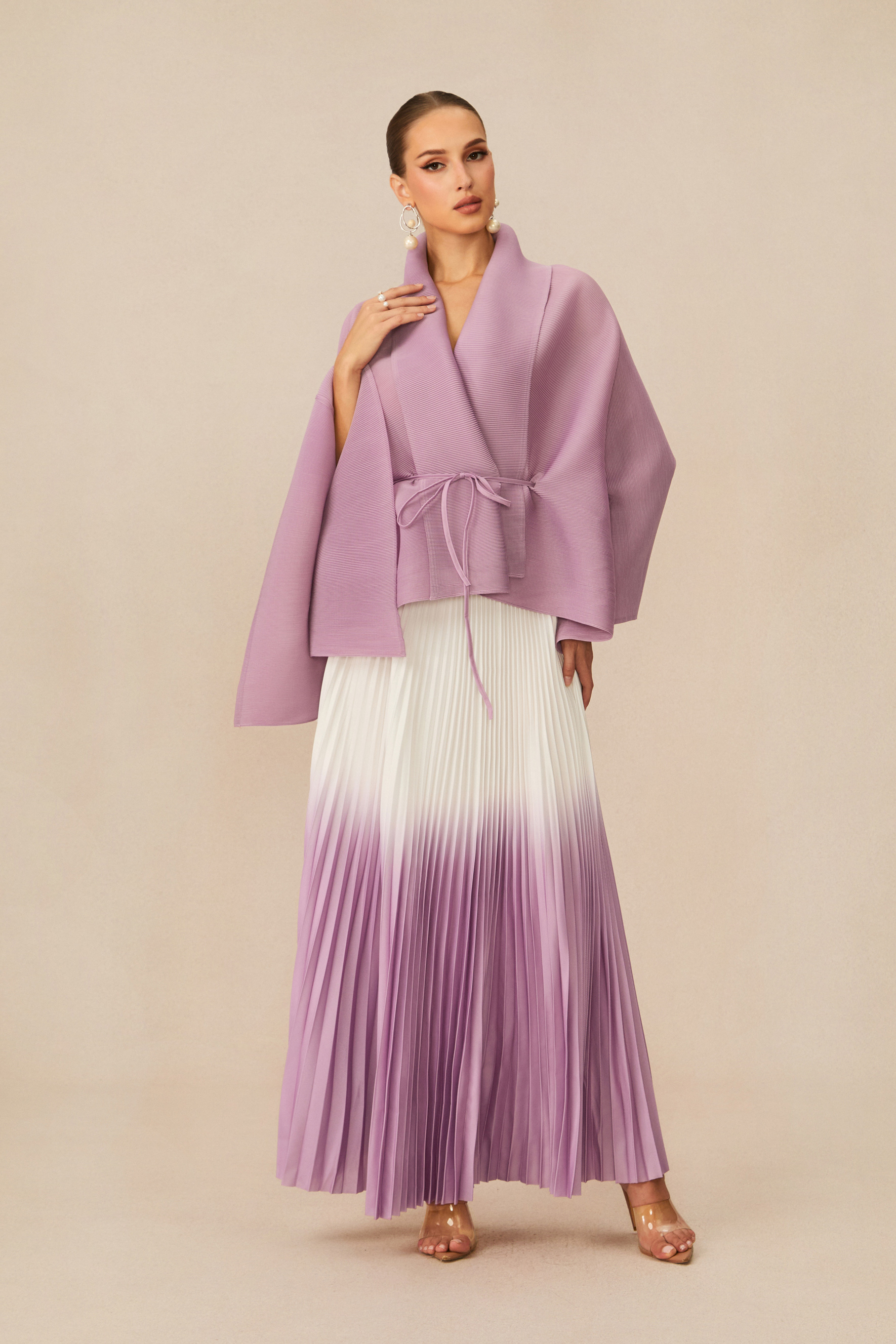 Pleasing Chicness Purple Wrap Top &  Gradient Pleated Skirt Set
