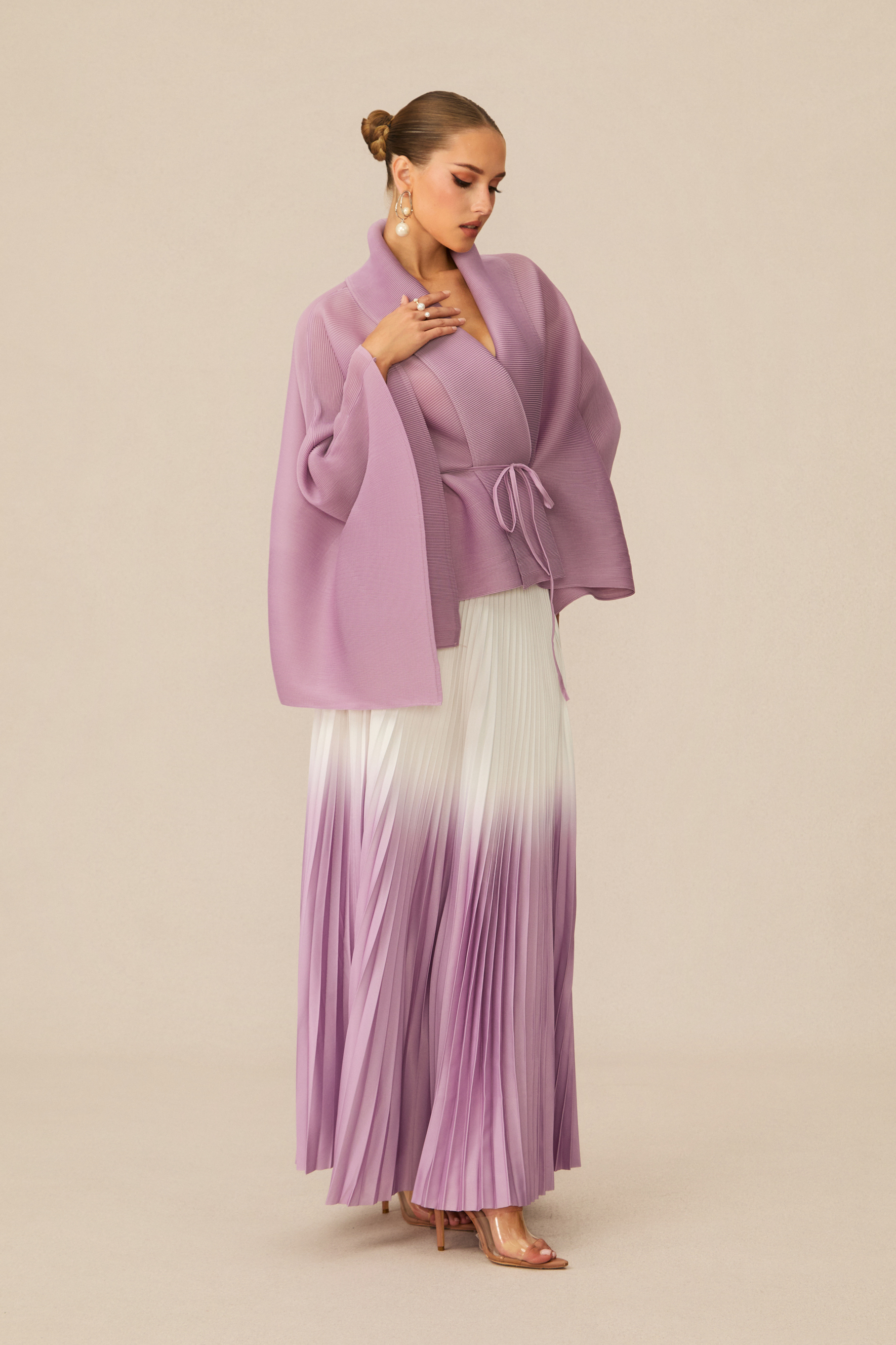Pleasing Chicness Purple Wrap Top &  Gradient Pleated Skirt Set