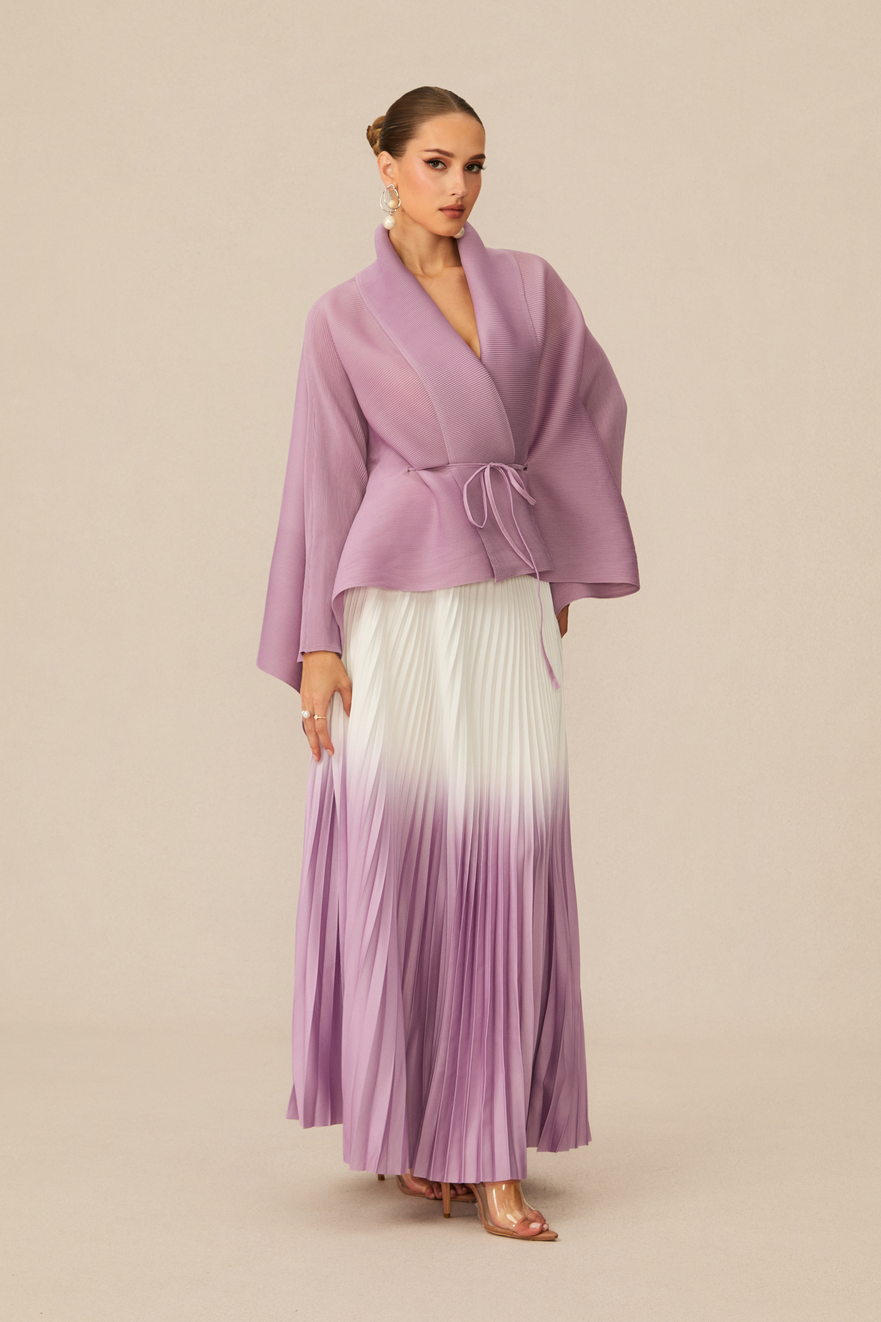 Pleasing Chicness Purple Wrap Top &  Gradient Pleated Skirt Set