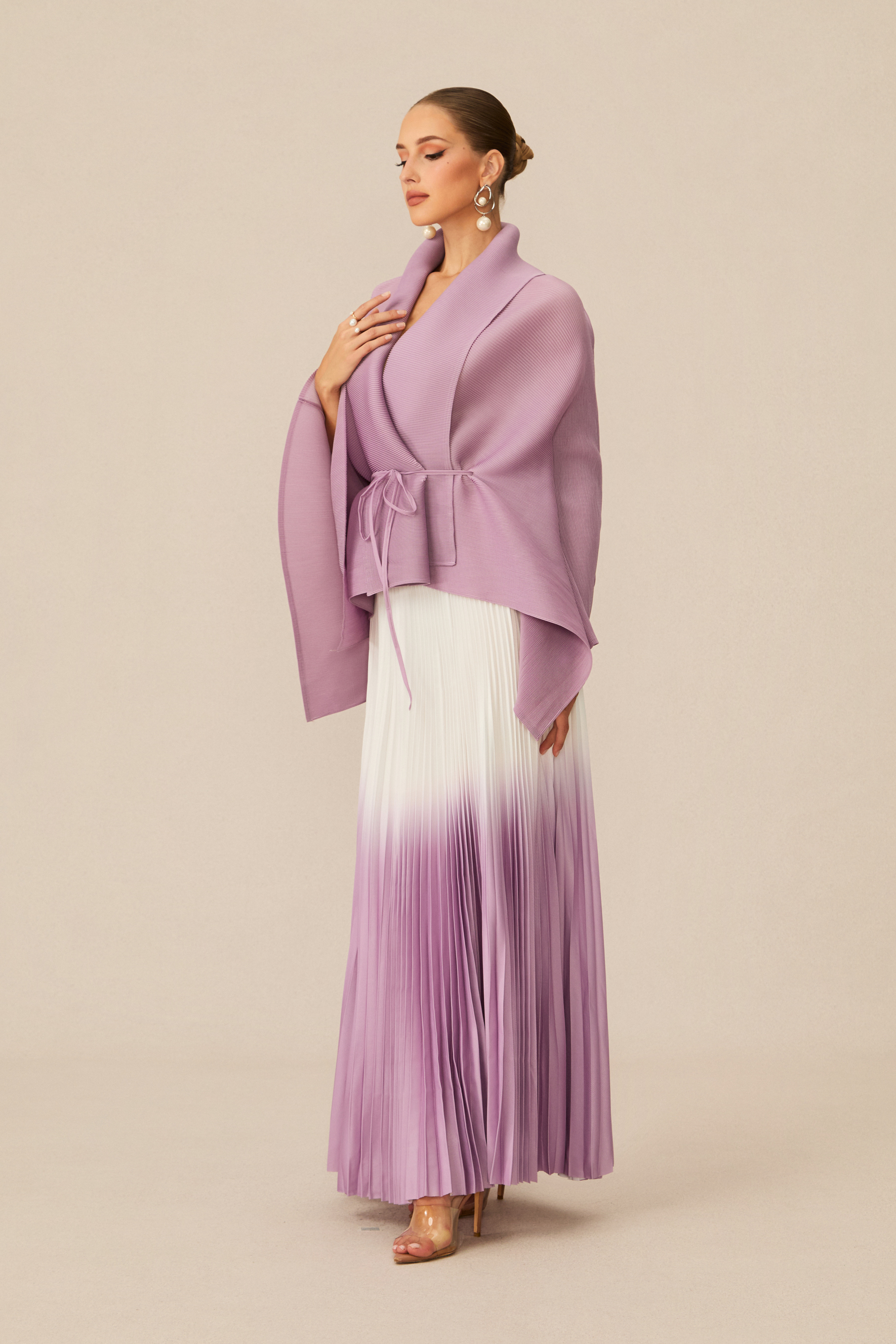Pleasing Chicness Purple Wrap Top &  Gradient Pleated Skirt Set