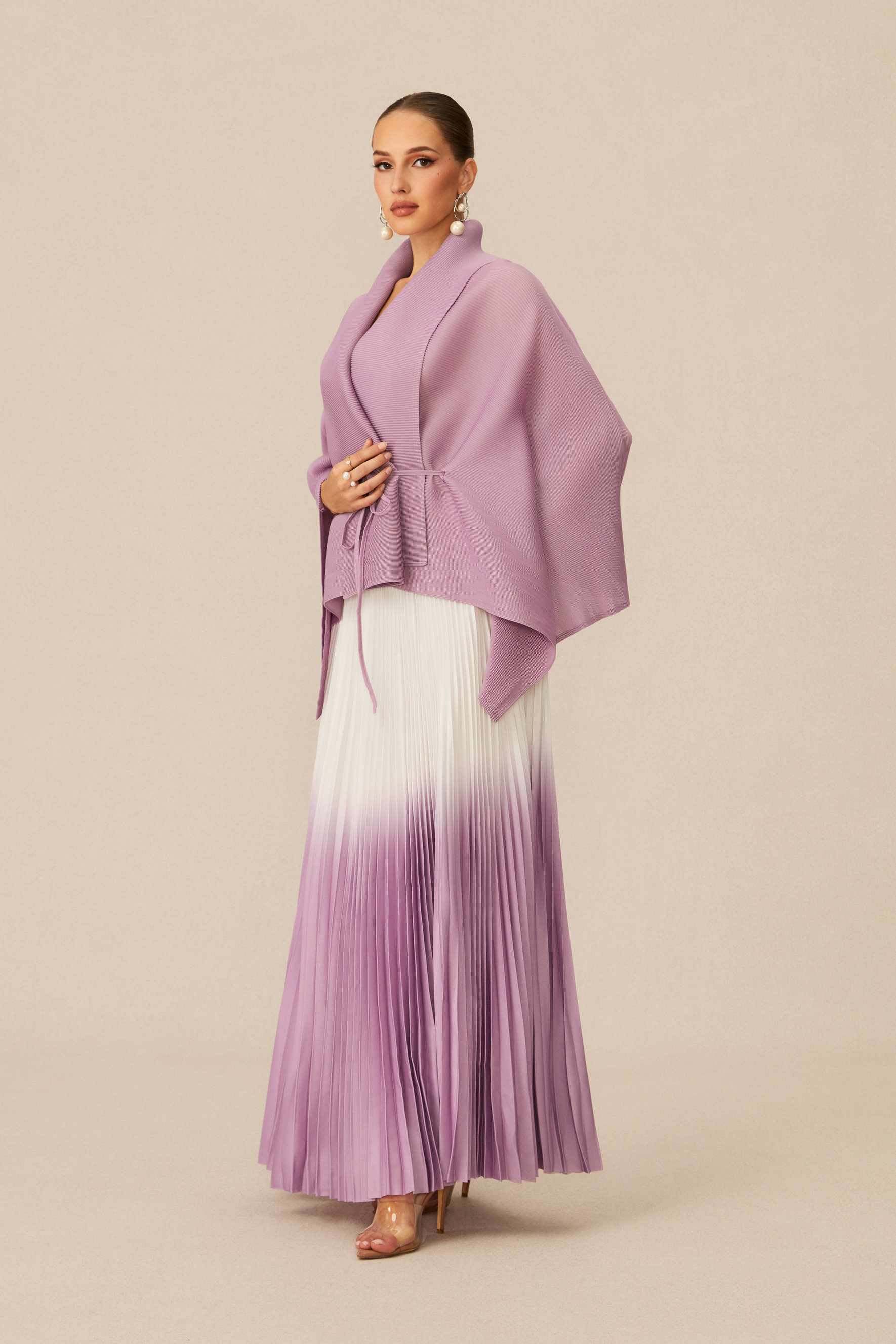 Pleasing Chicness Purple Wrap Top &  Gradient Pleated Skirt Set