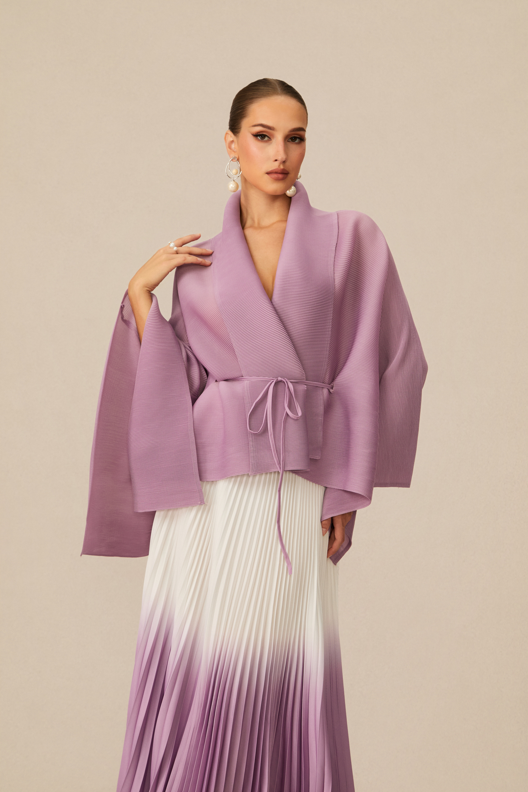 Pleasing Chicness Purple Wrap Top &  Gradient Pleated Skirt Set