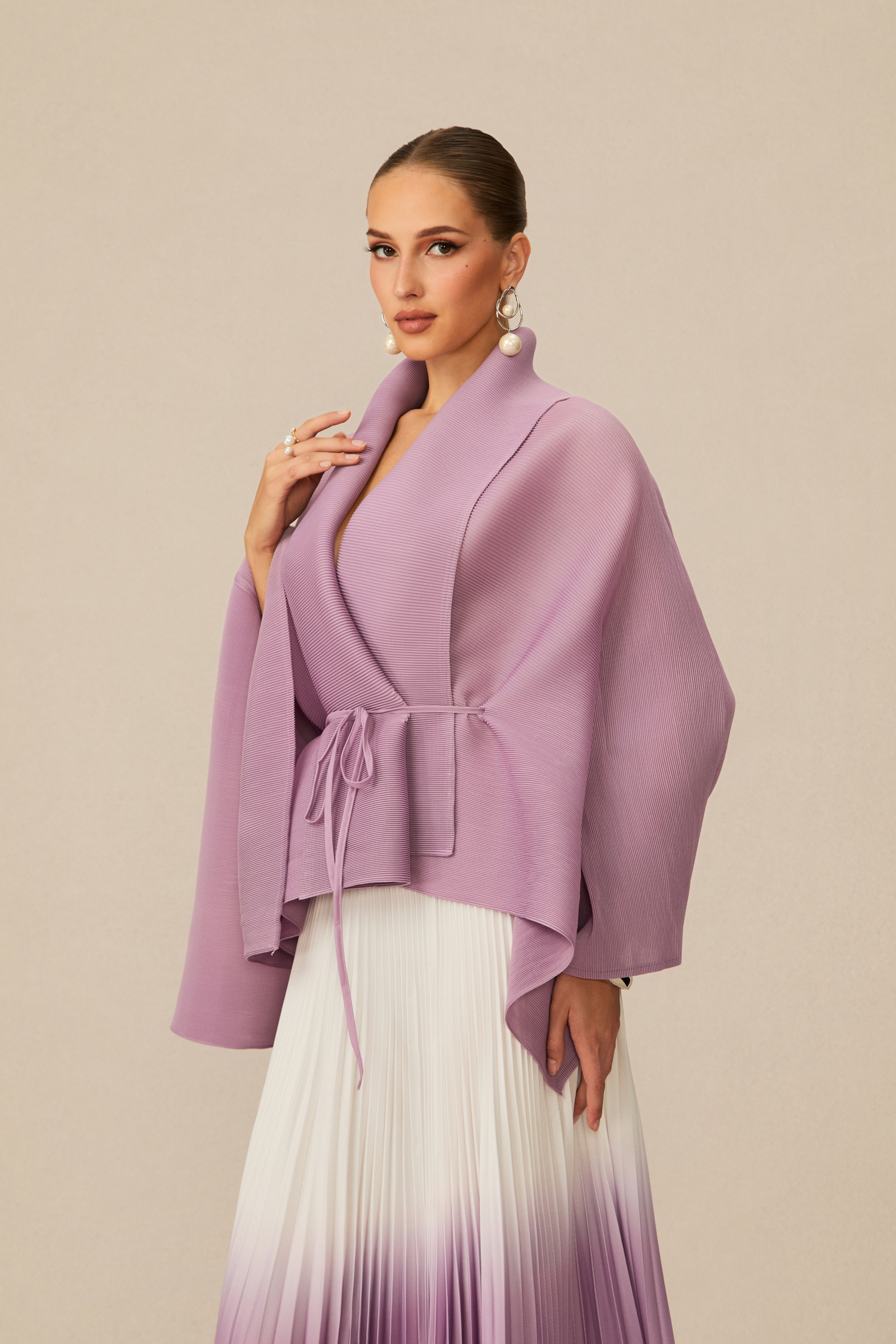 Pleasing Chicness Purple Wrap Top &  Gradient Pleated Skirt Set