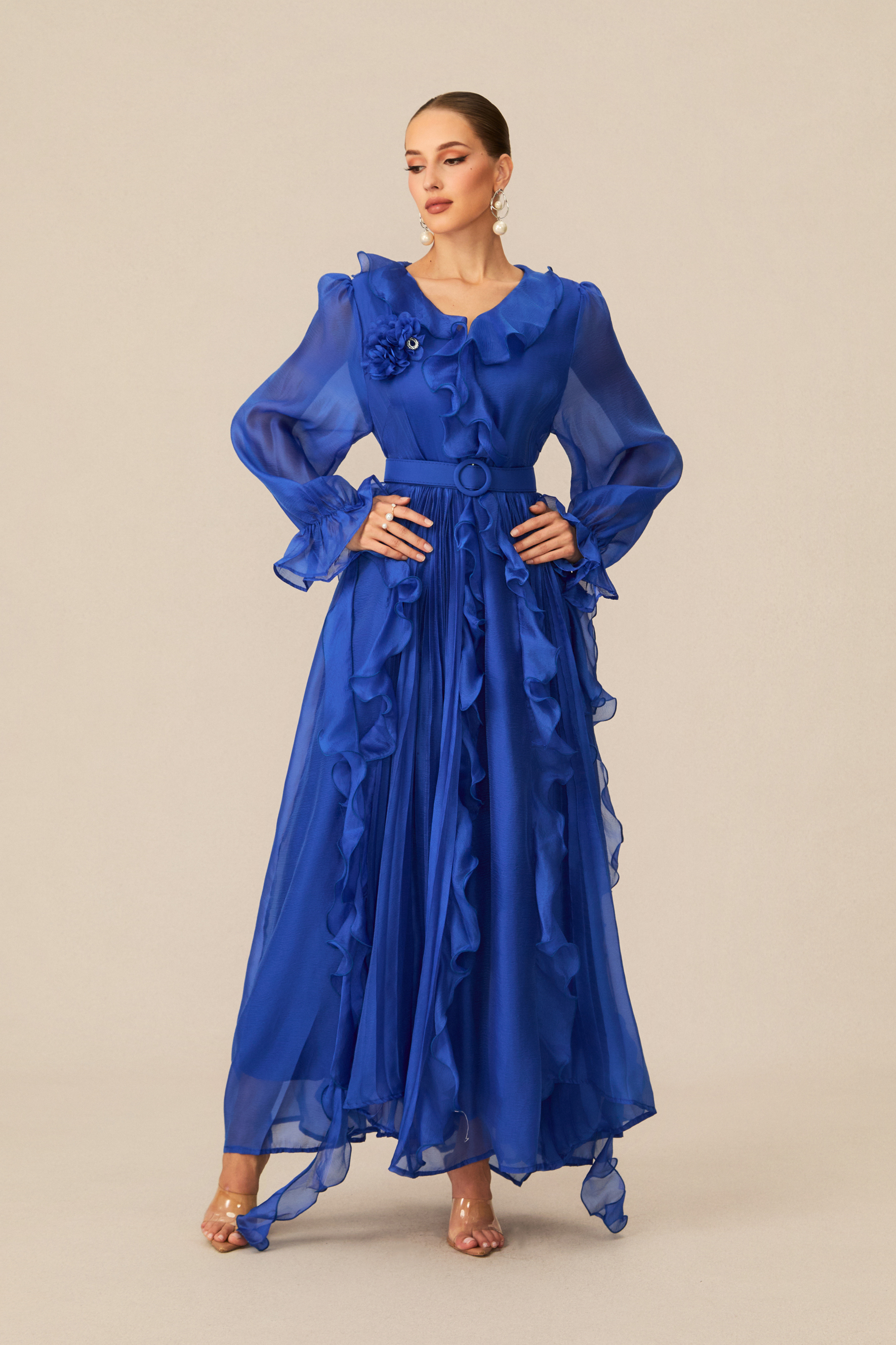 Dreamy Cobalt Blue Ruffle Trim Maxi Dress