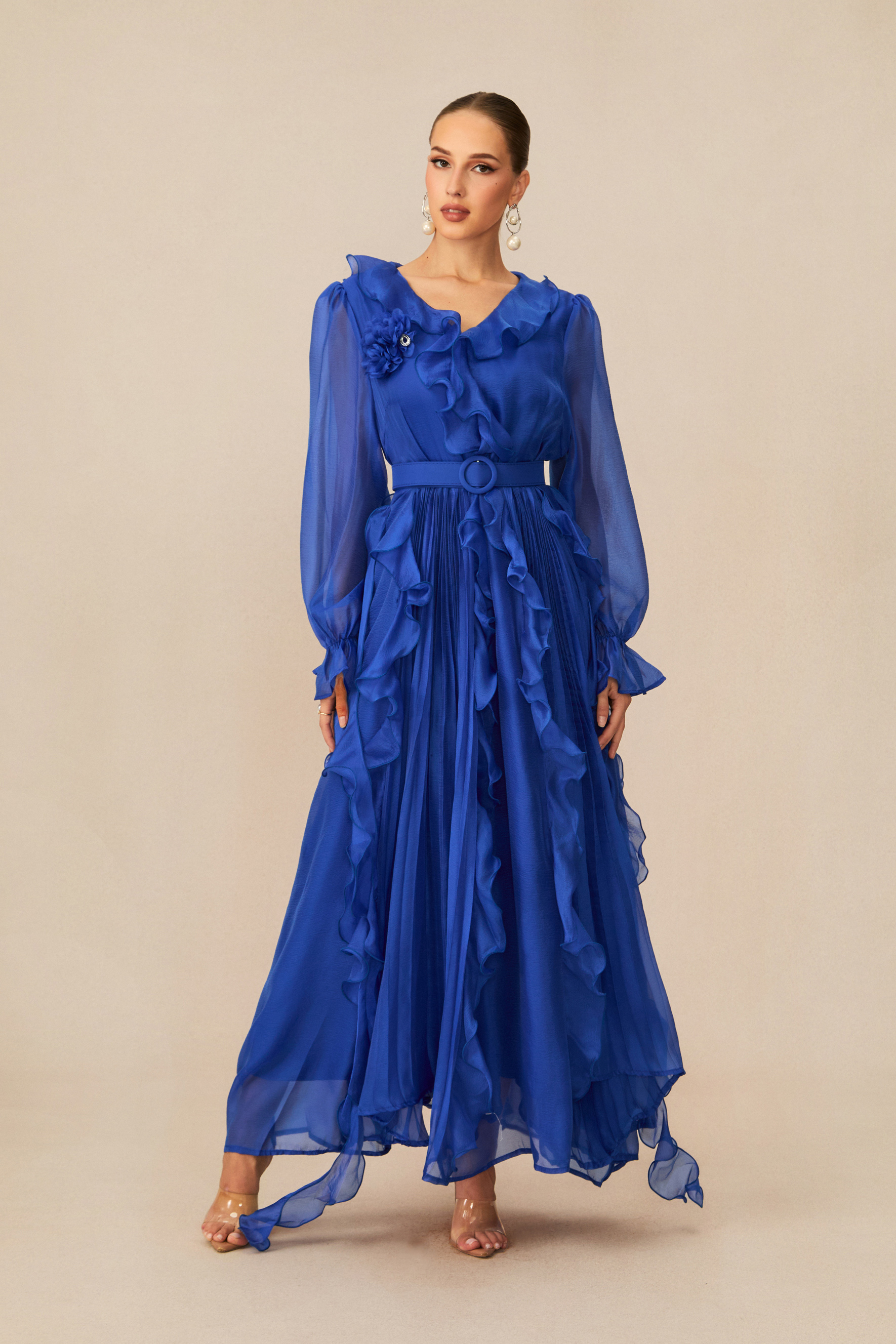 Dreamy Cobalt Blue Ruffle Trim Maxi Dress